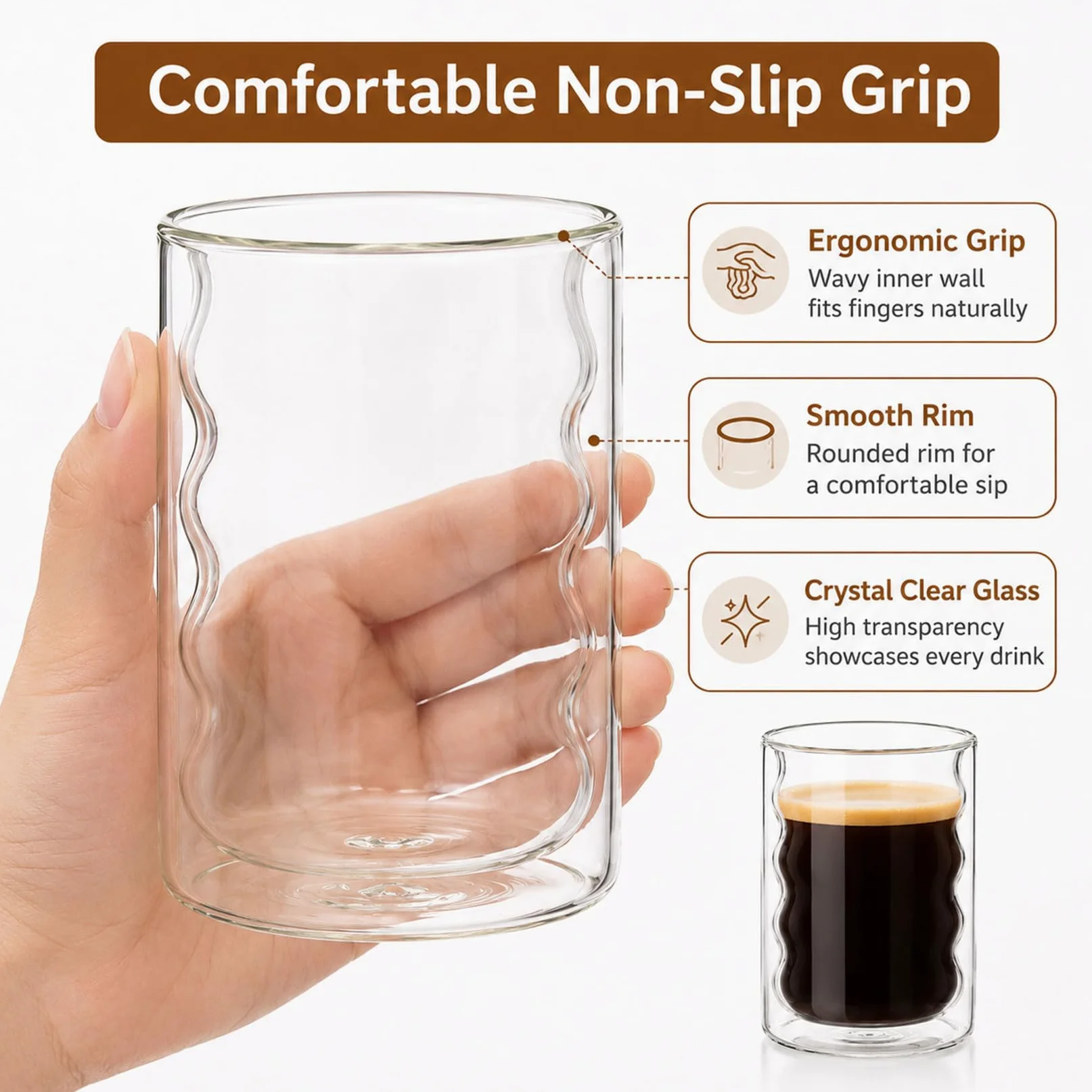 Zestaw 2 szklanek do latte macchiato 375 ml, podwójne ścianki – izolowane szklanki do kawy ze szczotką, duże szklanki termiczne do kawy, herbaty i cappuccino