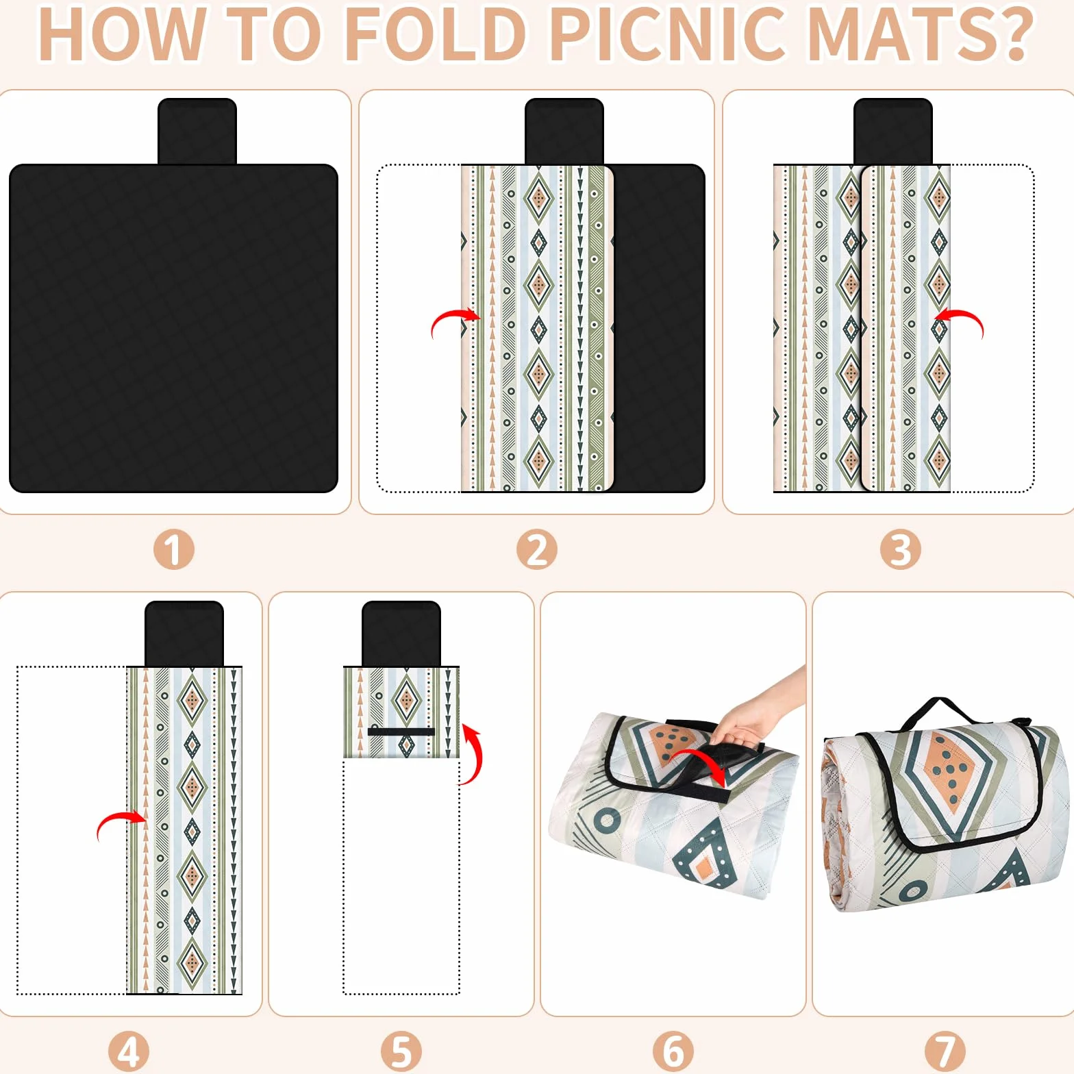 Mata Piknikowa Styl Boho, 200 × 200 cm Piaskowy Koc Plażowy, Przenośny Koc Plażowy, Koc na Zewnątrz, Odpowiedni do na Zewnątrz, Grill, Piknik, Plaża, Park, Koc na Kemping Podróżny