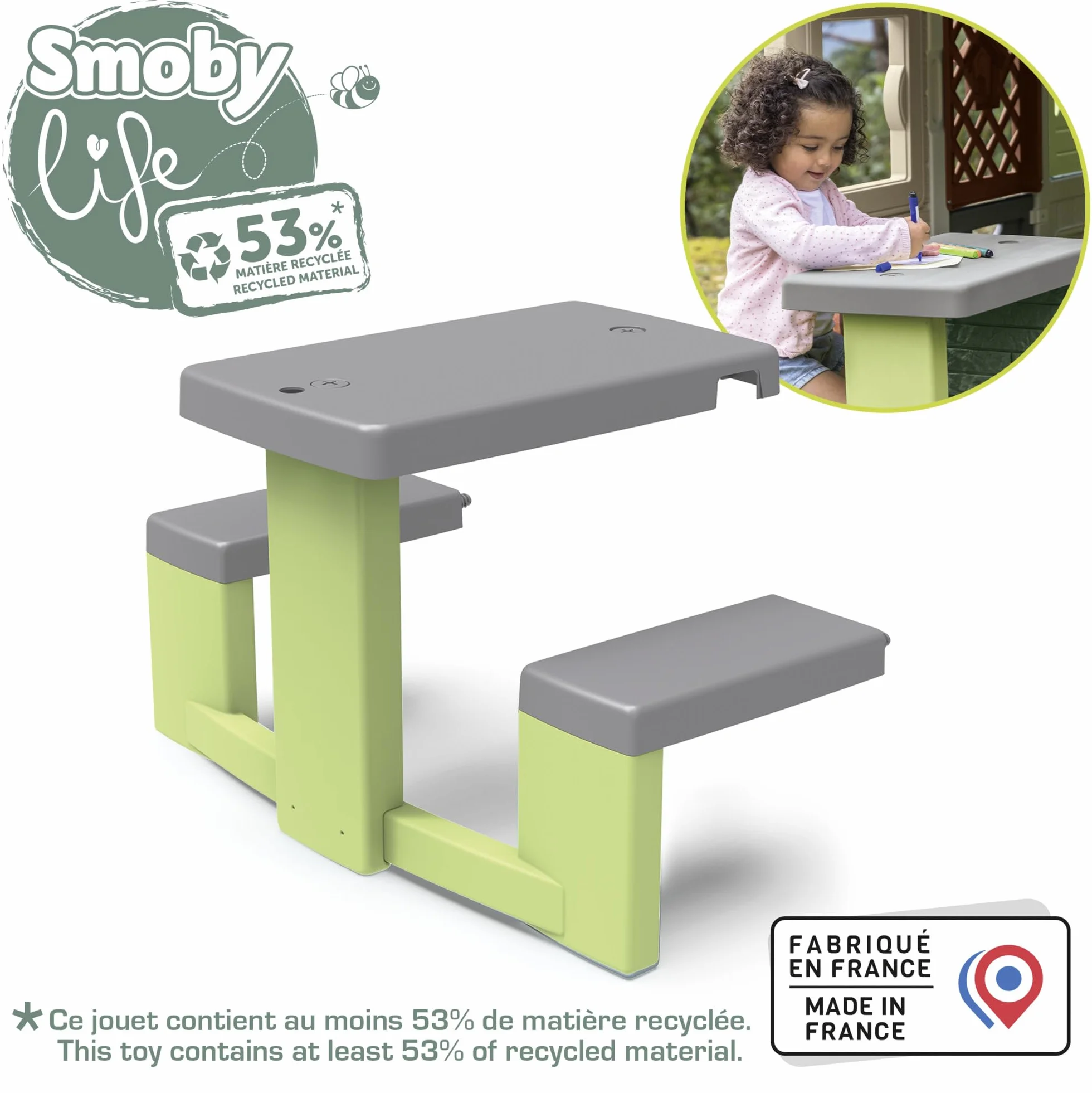 Smoby Life - Stół piknikowy - 2 ławki - Pasuje do wielu domków - Materiał z recyklingu - Od 2 lat - Wyprodukowano we Francji