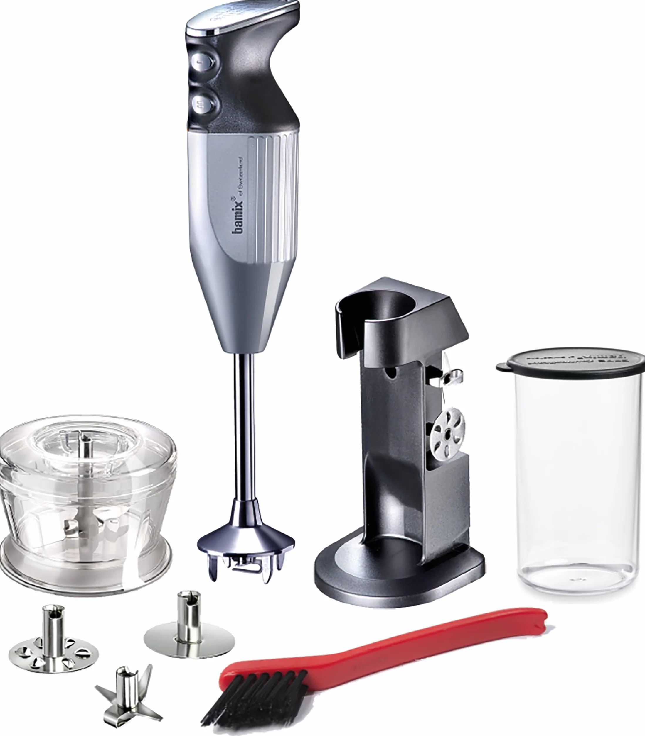 bamix Zestaw blendera ręcznego M200 Chef's Favorite ze stojakiem, 1 kubkiem, 3 końcówkami, hakerem, szczotką do czyszczenia, 200 W, wyprodukowano w Szwajcarii, srebrna powłoka/chrom