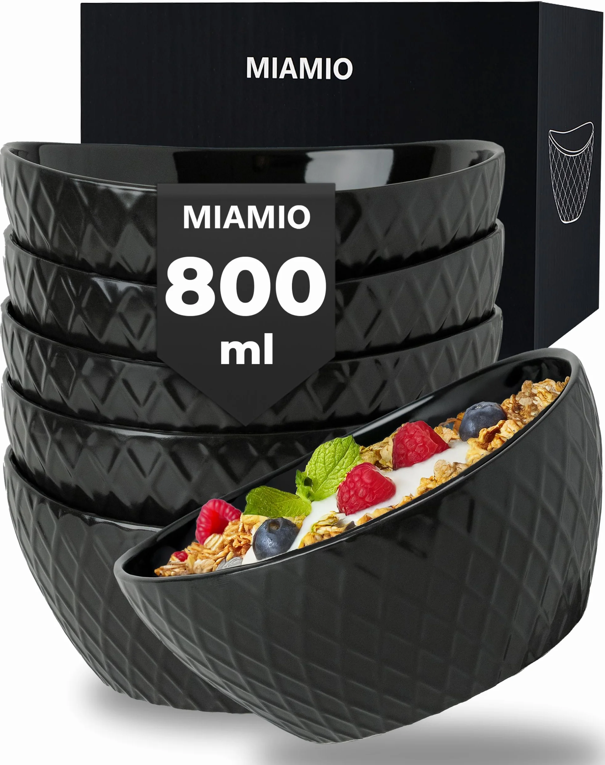 MIAMIO - 6 x 800 ml - Zestaw misek/zestaw misek na płatki śniadaniowe - Nowoczesne matowe miski - Zestaw dużych misek - Kolekcja Palmanova (Czarny)