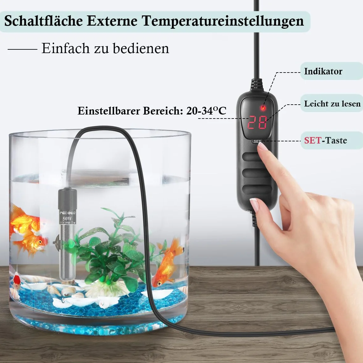 FEDOUR Mini grzałka do akwarium 50 W cyfrowy grzejnik 15-50 l kontroler temperatury