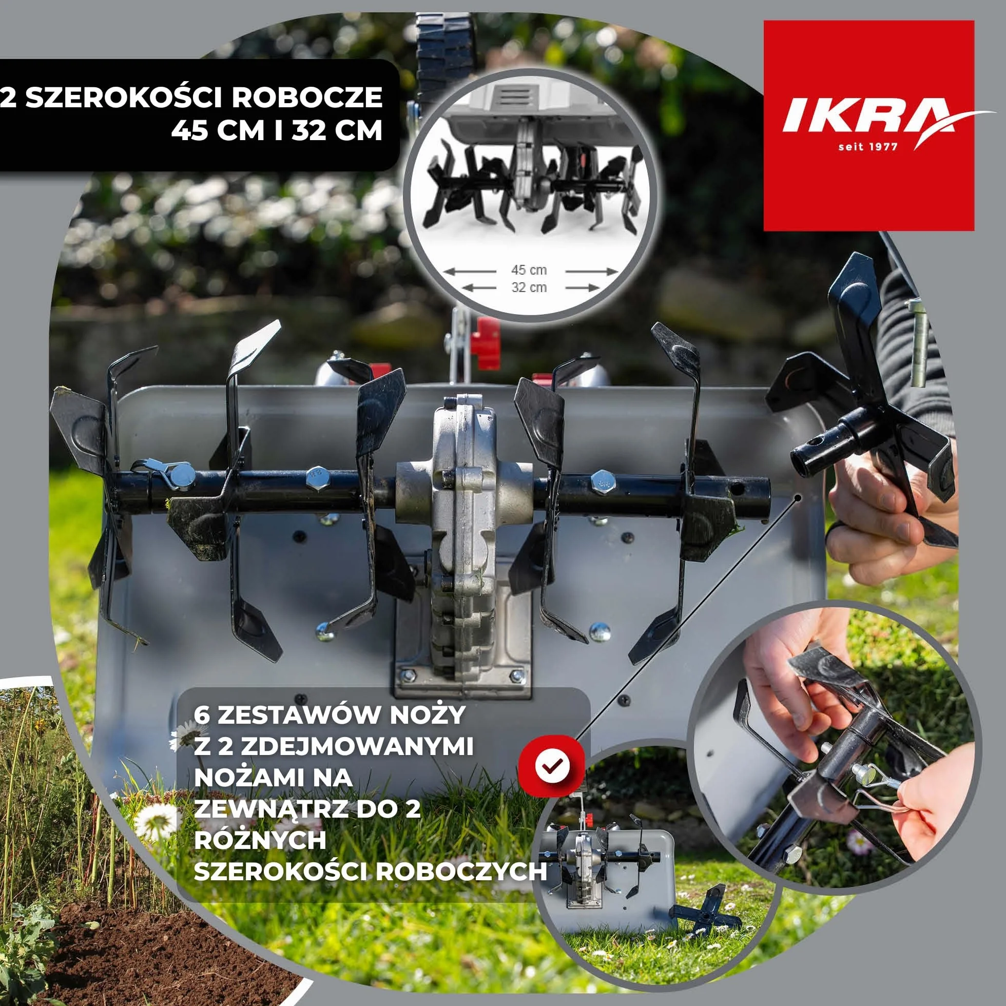 IKRA Glebogryzarka elektryczna IEM 1500, elastyczna szerokość robocza 32 i 45 cm, głębokość robocza do 20 cm, moc 1500 W