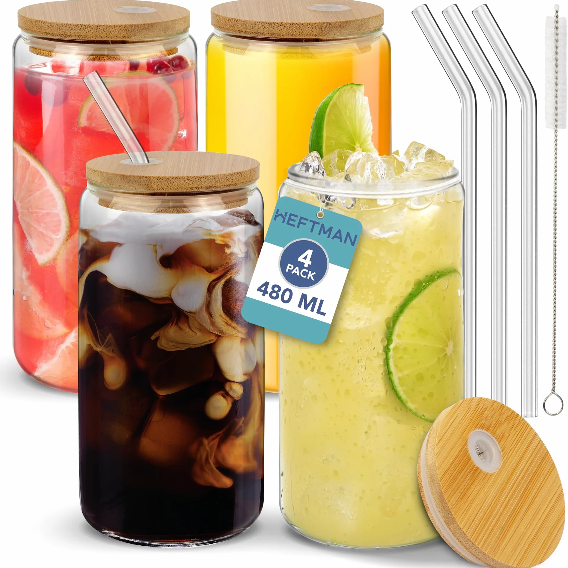 HEFTMAN Szklane kubki z pokrywkami i słomkami, 4 sztuki, puste szklanki w kształcie puszki 480 ml, z hermetycznymi pokrywkami bambusowymi, szklanymi słomkami i szczotką do czyszczenia słomki, szklanki