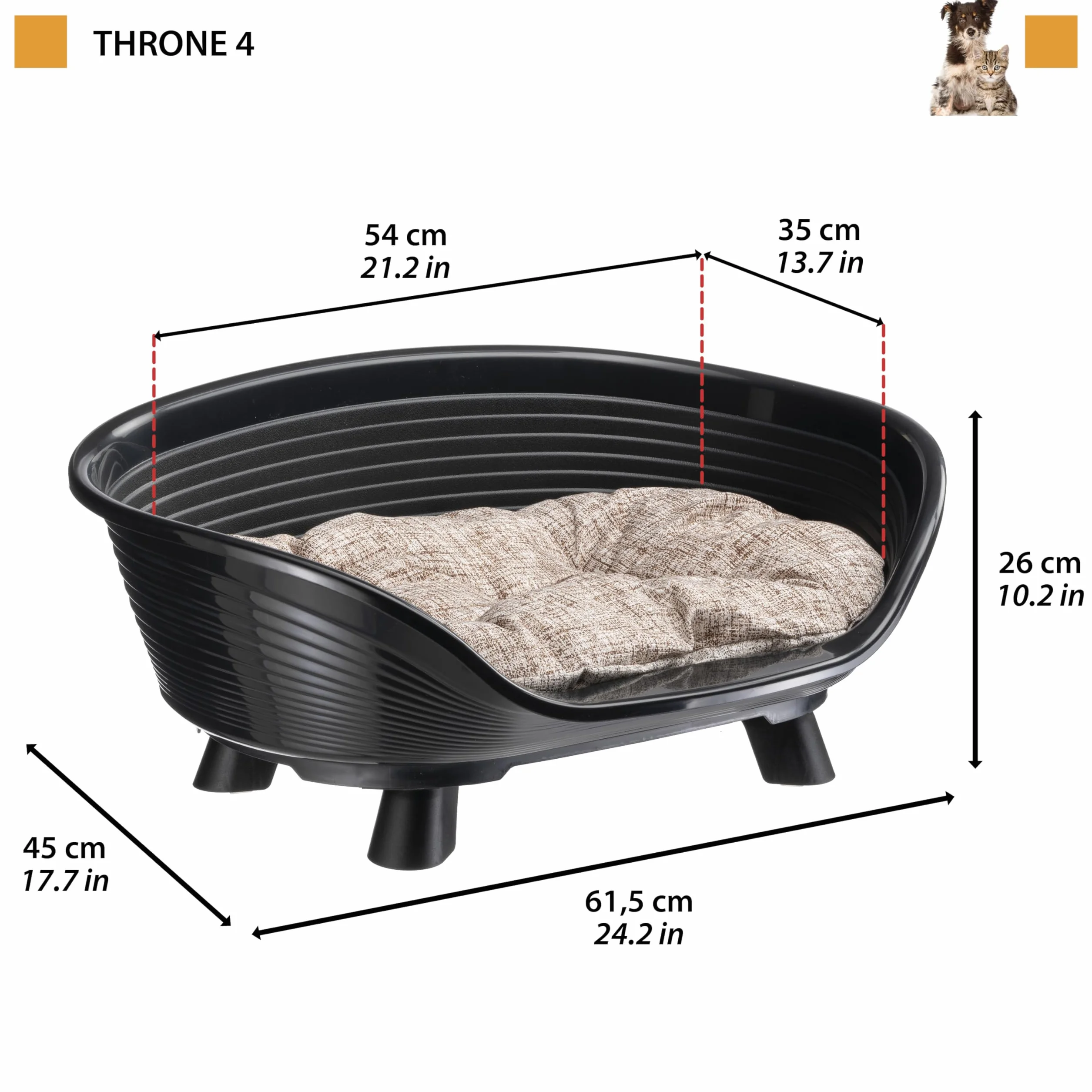 Ferplast Legowisko dla Psa i Kota z Bawełnianą Poduszką - Podwyższone, Oddychające i Antypoślizgowe - Kosz dla Kota THRONE 61,5 x 45 x wys.