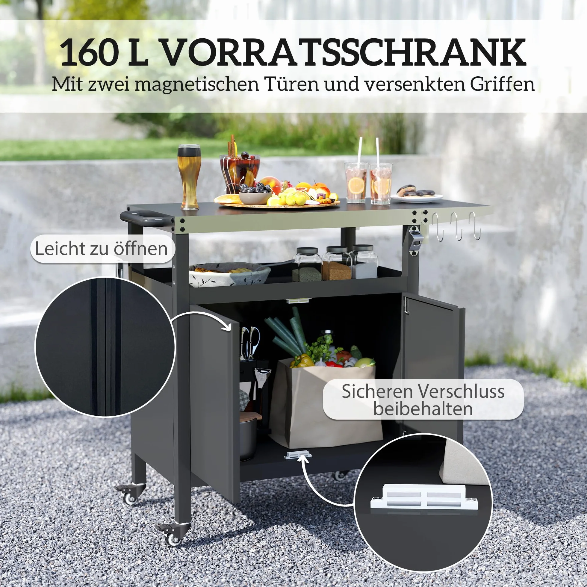 Outsunny Wózek do grillowania, 3-poziomowy, składany wózek do serwowania z powierzchnią roboczą, szafka, haki, kółka, stół do grillowania ze stali nierdzewnej, grill na węgiel drzewny, do ogrodu