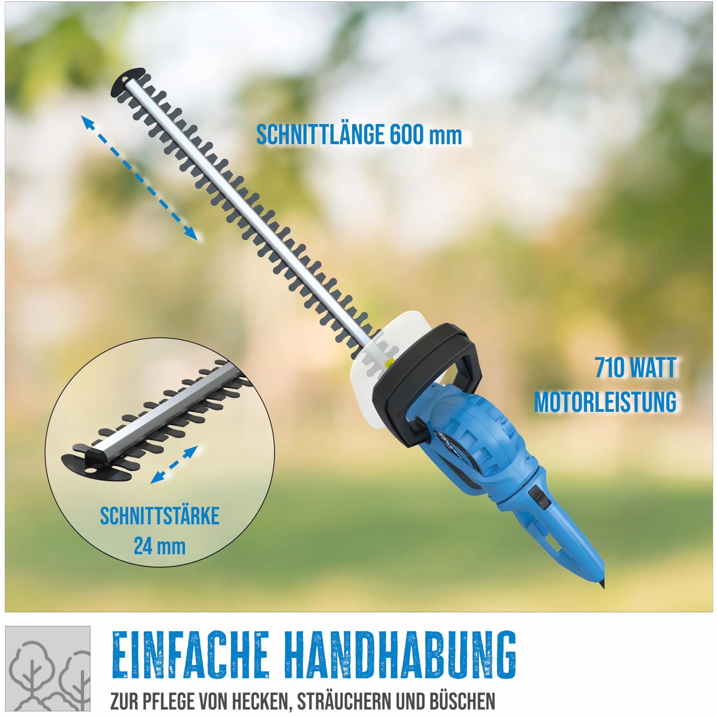 Güde 93999 GHS 690 L nożyce do żywopłotu (710 W, odstęp między nożami 24 mm, długość cięcia 600 mm, szybki stop), niebieskie
