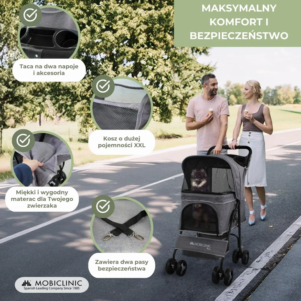 Mobiclinic®, Składany wózek dla psa, Do 15 kg, Małych Psów, Koł z hamulcami 360°, Kosz xl, 3 Okna Zamkiem Błyskawicznym i Moskitierą, Zuma (Szary)