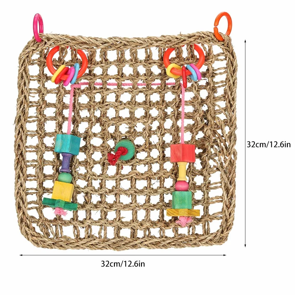 Seagrass Parrot Chew Toy | Hanging Net Mat for Bird Exercise & Entertainment | Secure Bird ToyCage Accessory | 12.6x12.6 Inches with 2 Hooks