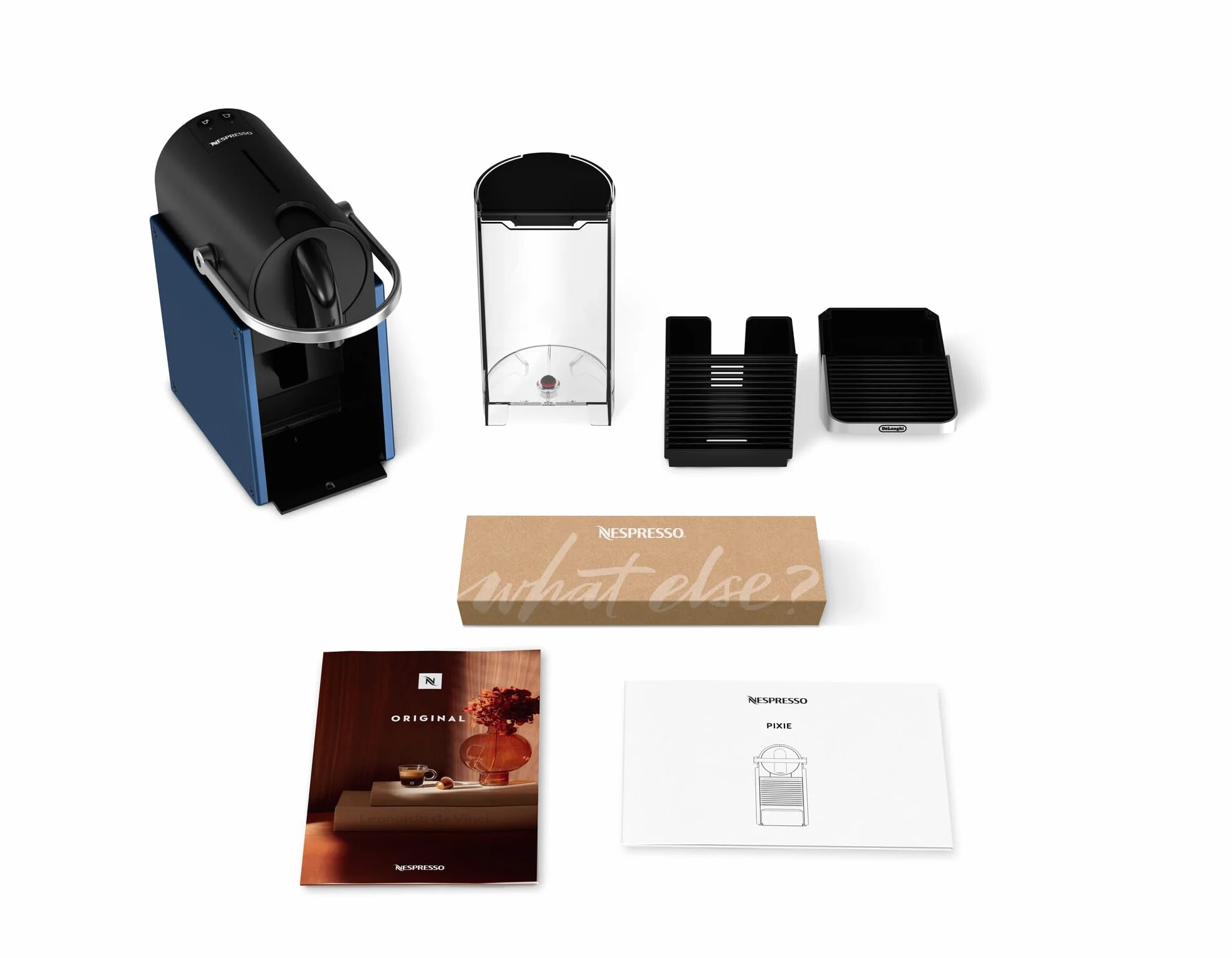 NESPRESSO De'Longhi Pixie EN127.BL ekspres do kawy na kapsułki, dwa przyciski bezpośredniego wyboru, tryb ECO, kompaktowa konstrukcja, system ciśnienia 19 bar, 1260 W, niebieski/czarny