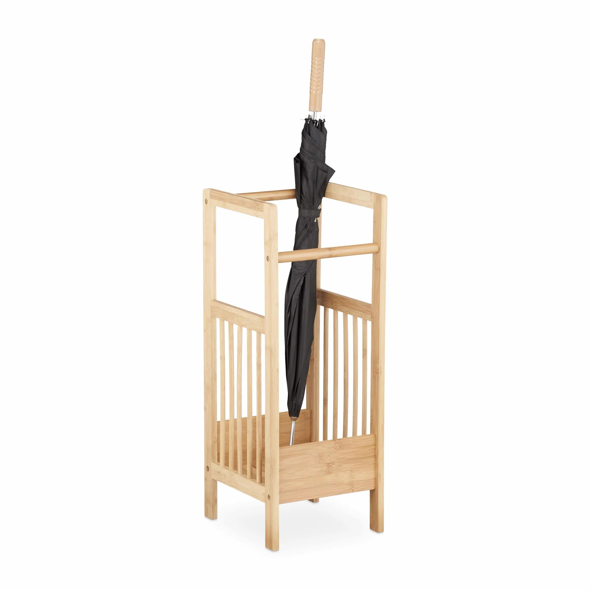 Relaxdays Stojak bambusowy, kwadratowy, 2 uchwyty, wys. x szer. x gł.: ok. 64 x 25 x 26,5 cm, uchwyt na parasol, naturalny brąz, 26,5 x 25 x 64 cm