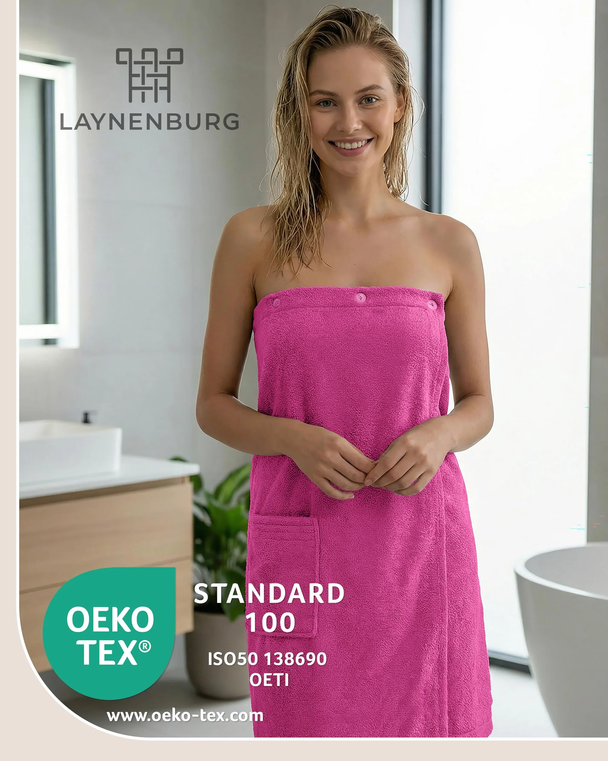 LAYNENBURG Damski kilt do sauny klasy premium, z zapięciem na guziki, 10% bawełna, Öko-Tex 100, damski ręcznik do sauny, frotte, kilt z gumowym ściągaczem do spa, spa i sauny (S-L fuksja)