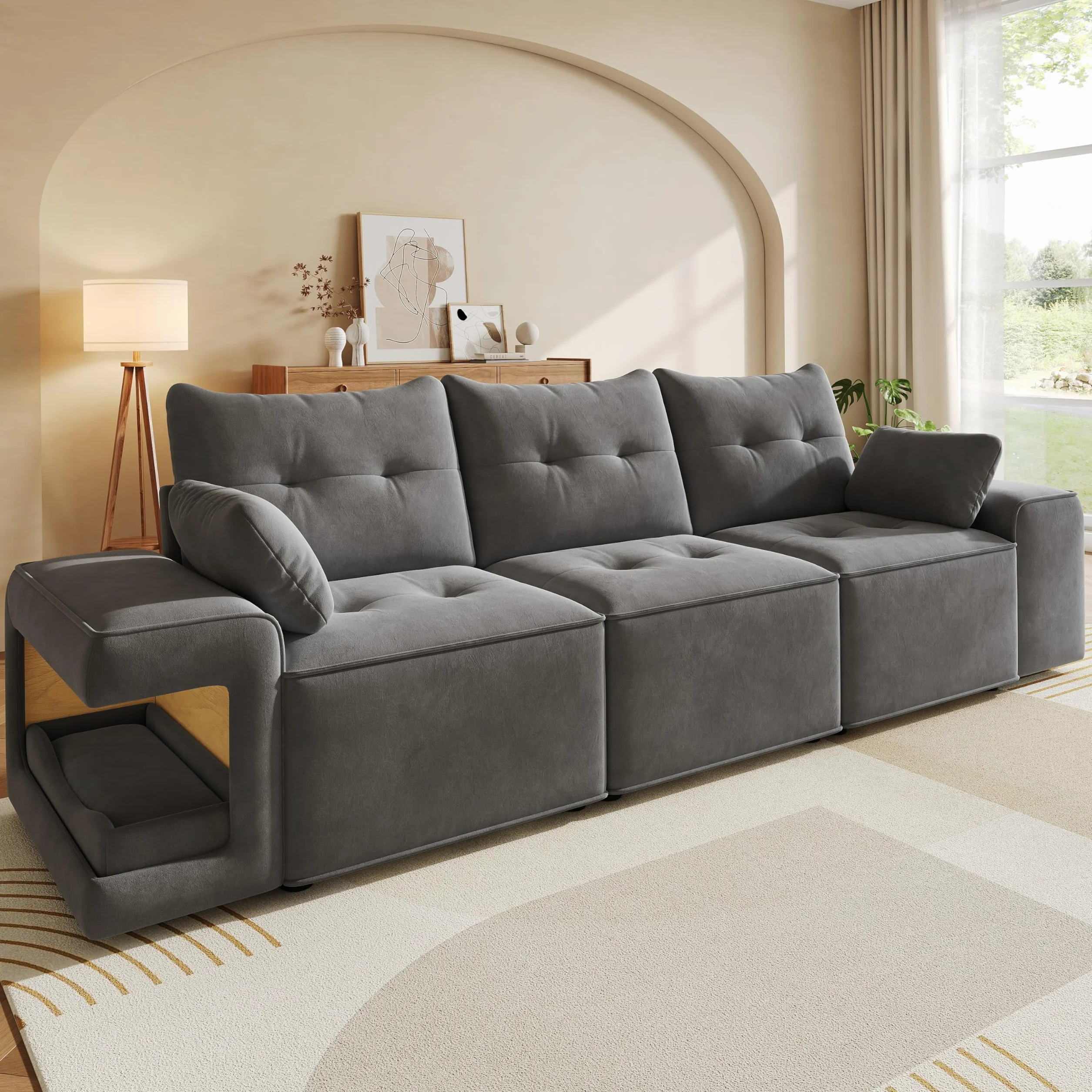 Nowoczesna 3-osobowa sofa, modułowa sofa Cloud z szerokimi podłokietnikami, miejscem do przechowywania, wyściełanym obszarem dla zwierząt domowych, w zestawie 2 poduszki, szara