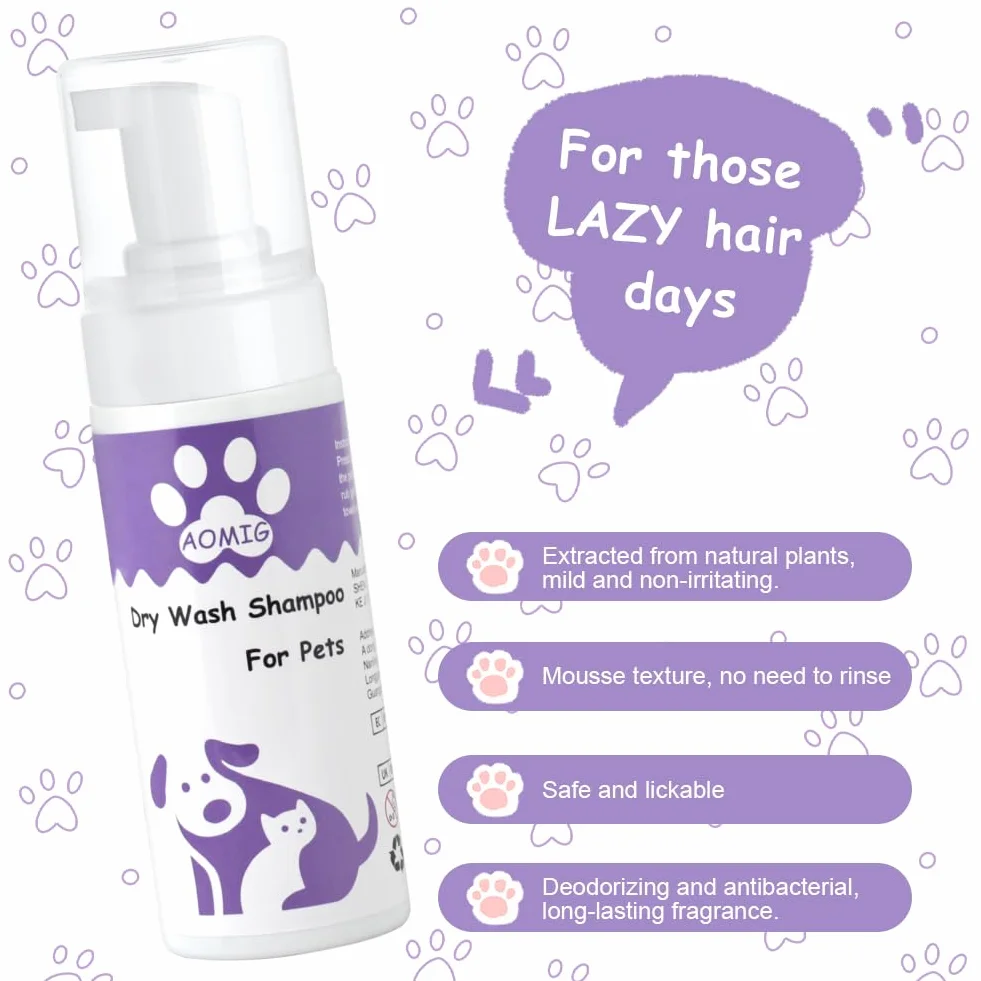 Aomig Suchy szampon dla kotów i psów, 150 ml, bez spłukiwania, głębokie czyszczenie włosów, chłodzenie, 100% naturalny, na łupież, tłuszcz, zapach