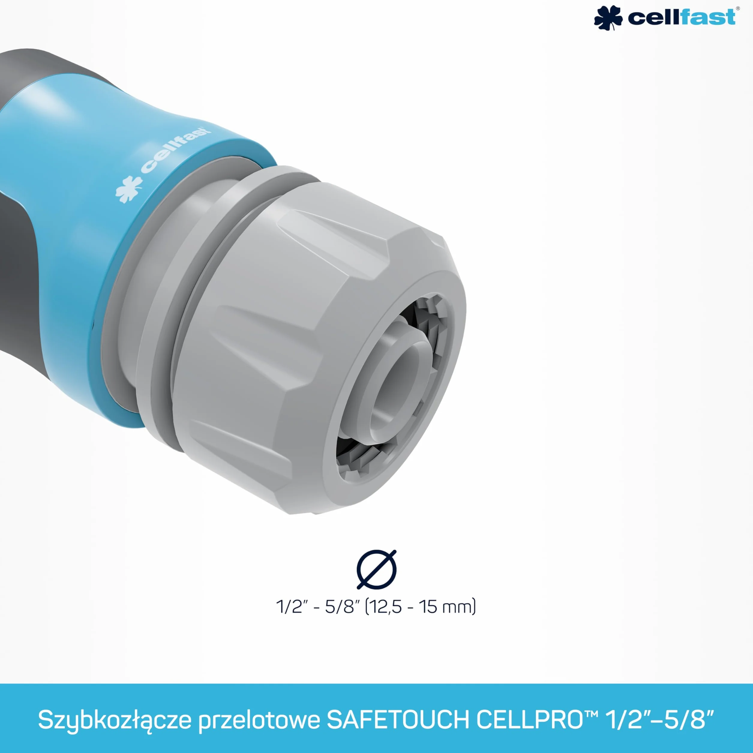 Cellfast Szybkozłącze - przelot SAFETOUCH IDEAL™ 1/2" - 5/8", Tworzywo PC/ABS, Trzy zaciski, 51-632