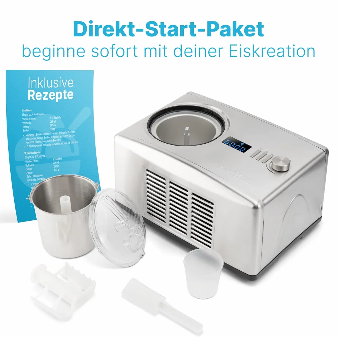 ProfiCook® maszyna do lodów i jogurtu w jednym, lód w 20 min, do 1500 ml, maszyna do lodów z kompresorem, do lodów i mrożonego jogurtu, w zestawie przepisy kulinarne, szpachelka do lodu i kubek z