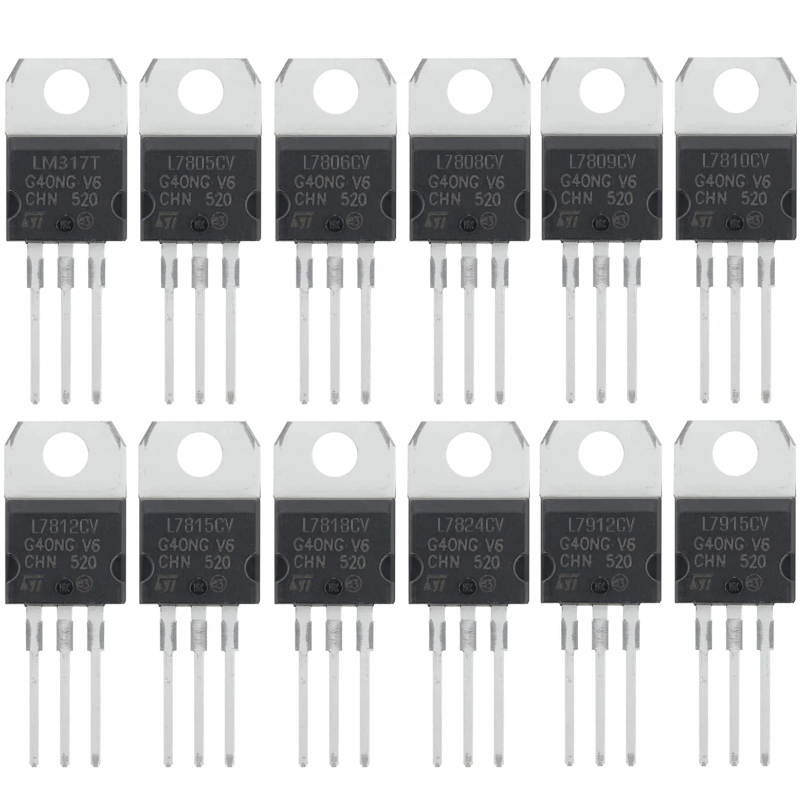 AUKENIEN 12Wartości 24sztuki L7805 LM317 L7806 L7808 L7809 L7810 L7812 L7815 L7818 L7824 L7912 L7915 Zestaw tranzystorów regulatora napięcia dodatniego ujemnego TO-220