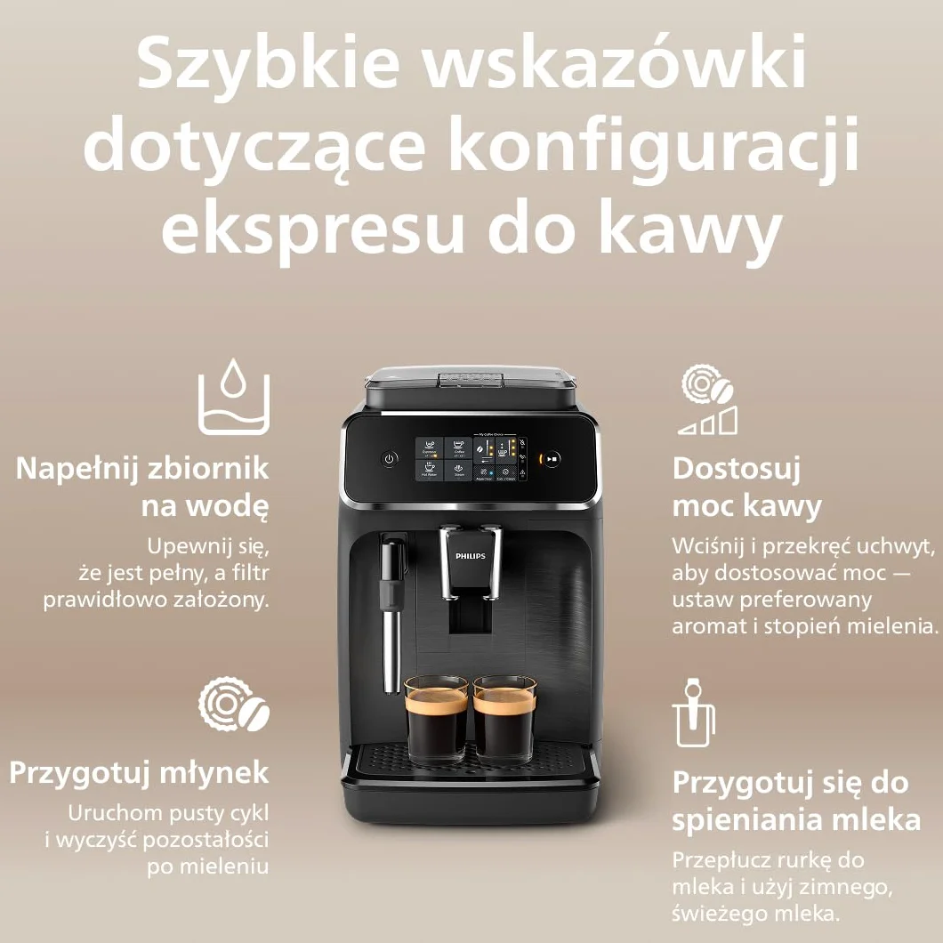 Philips 2200 Series Automatyczny ekspres do kawy - 2 rodzaje kawy, wyświetlacz dotykowy, klasyczny spieniacz do mleka, ceramiczny młynek, matowa czerń (EP2220/10)