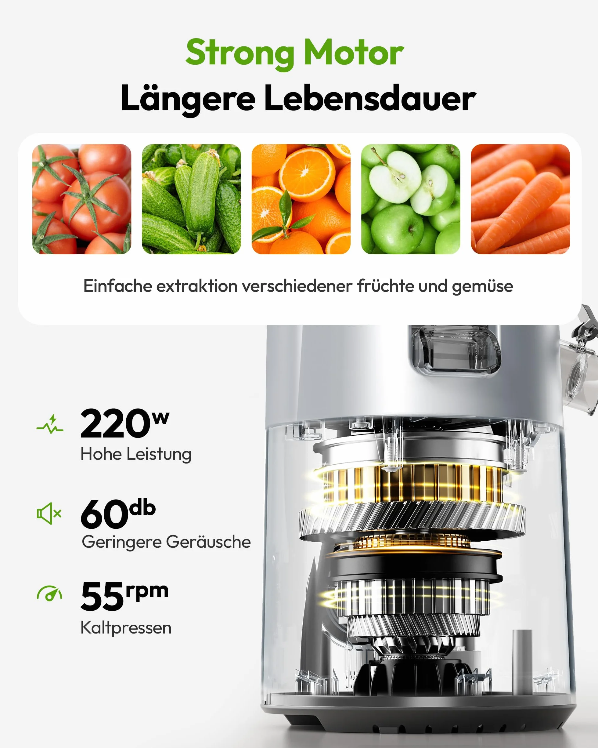 EUHOMY Sokowirówka, Slow Juicer, sokowirówka do warzyw i owoców, zwycięzca testu z otworem do napełniania 135 mm, pojemność 1,8 l, 2 filiżanki | elektryczna wyciskarka do soków, czarna srebrna