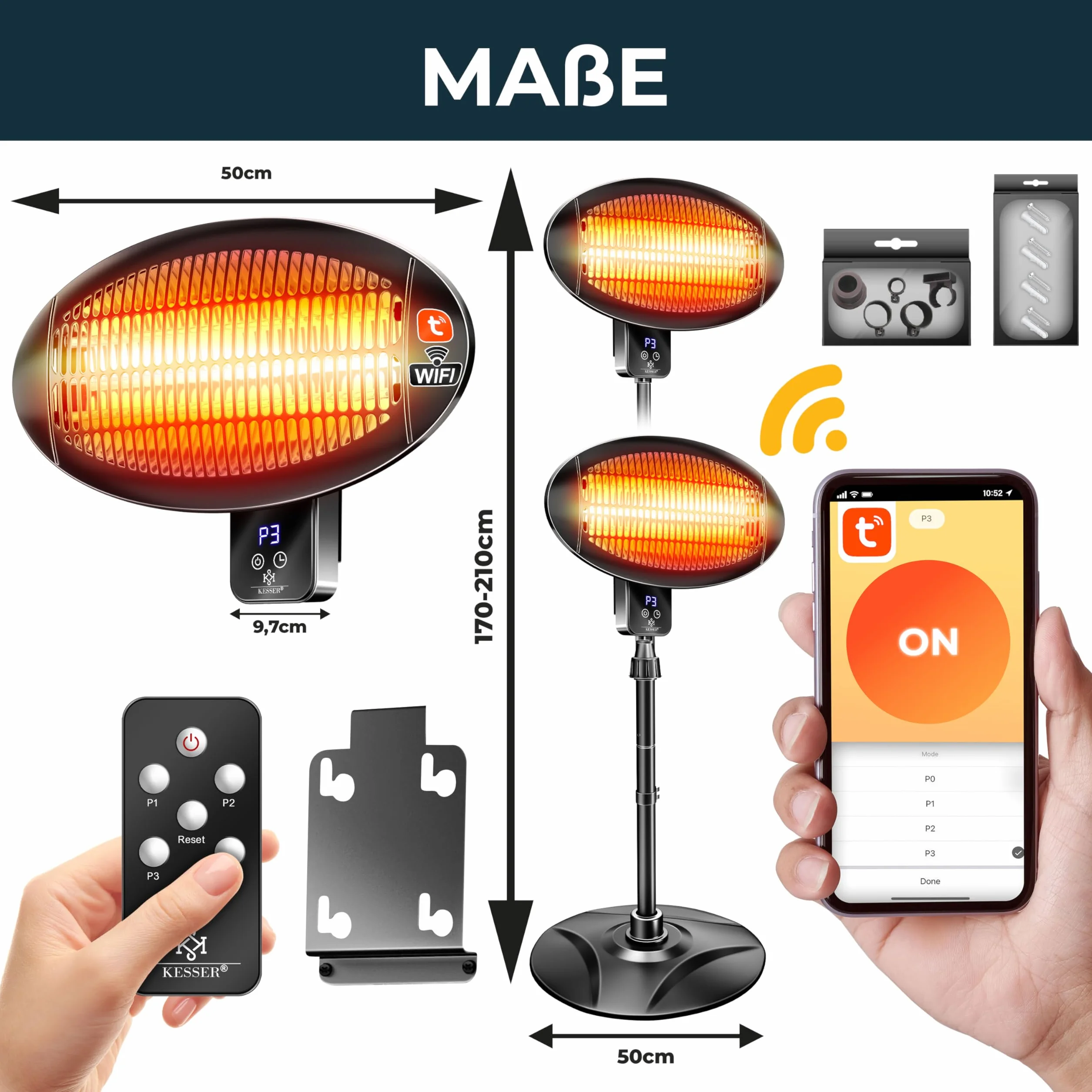 KESSER® Promiennik podczerwieni 2000 W, promiennik tarasowy z WiFi i pilotem zdalnego sterowania, obracany o 360°, regulacja wysokości, stojący i montaż ścienny, ochrona przed przewróceniem, IPX4,