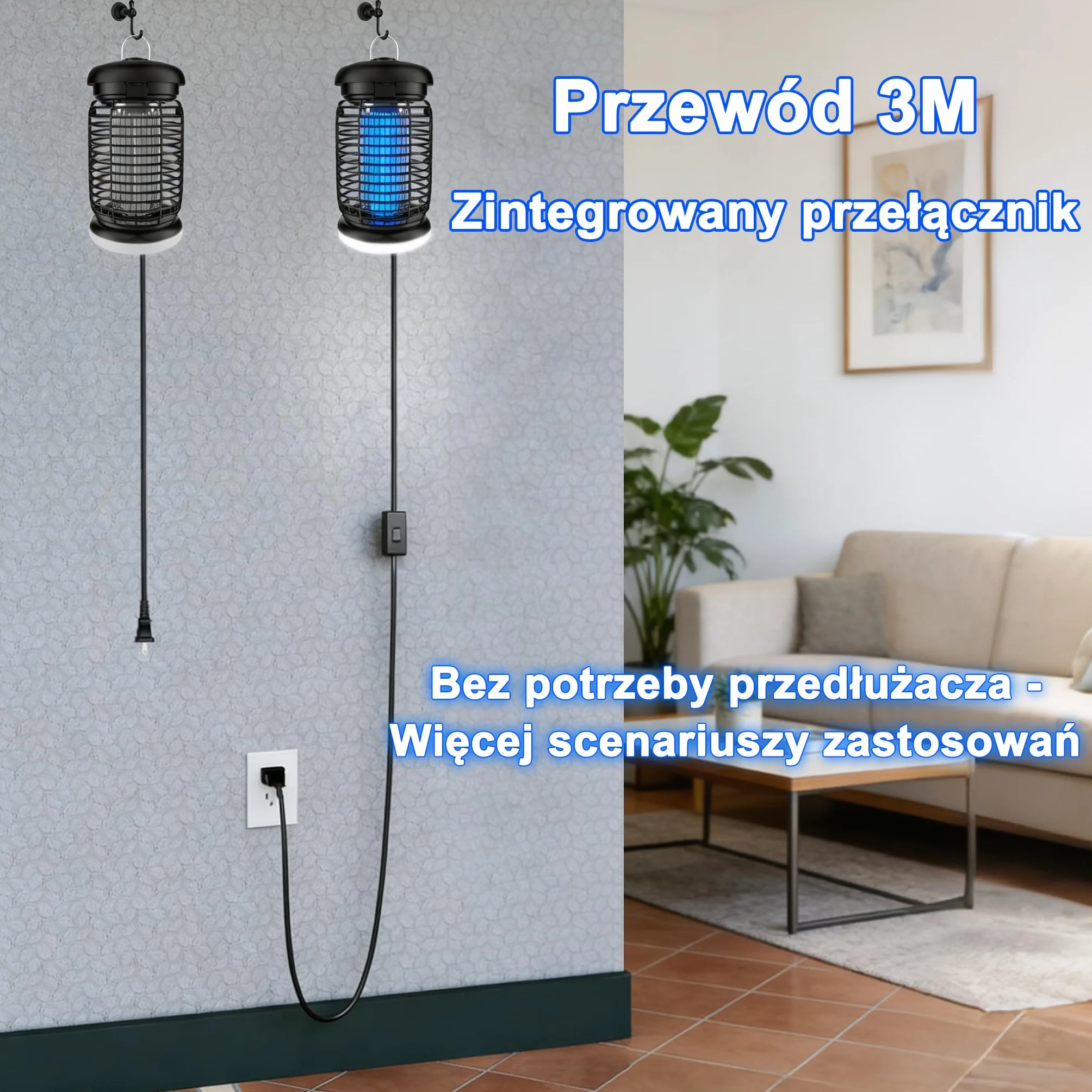 Lampa komarowa 4200V z oświetleniem LED - 3m kabel, Lampa owadobójcza 15W UV Wodoszczelna (IPX4), Elektryczny Zabójca Much, Urządzenie Przeciw Komarom