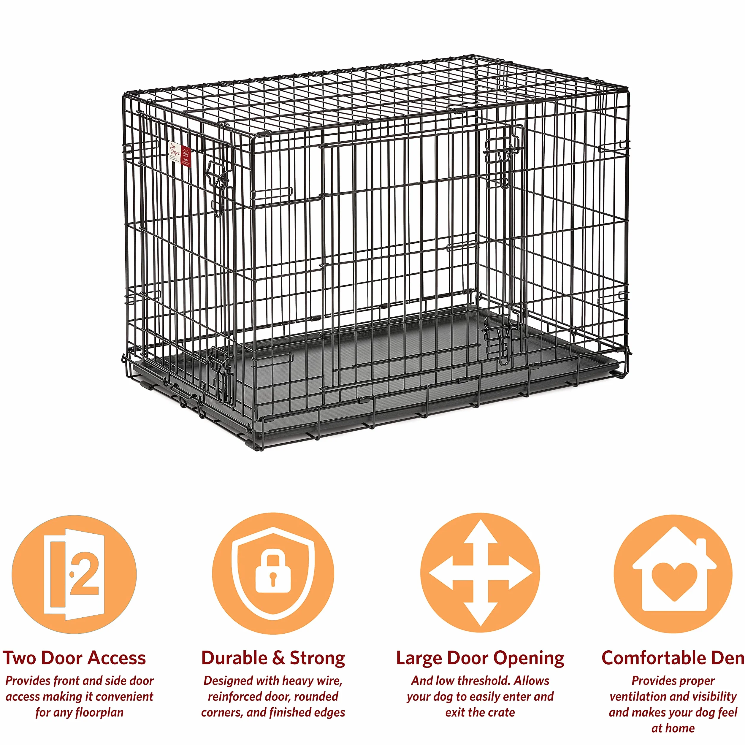 MidWest Homes for Pets Newly Enhanced Life Stages podwójne drzwi, średnia składana metalowa skrzynia dla psa z przegrodą, chroni podłogę, szczelna patelnia dla psa, z psem, czarna, 1636DDU