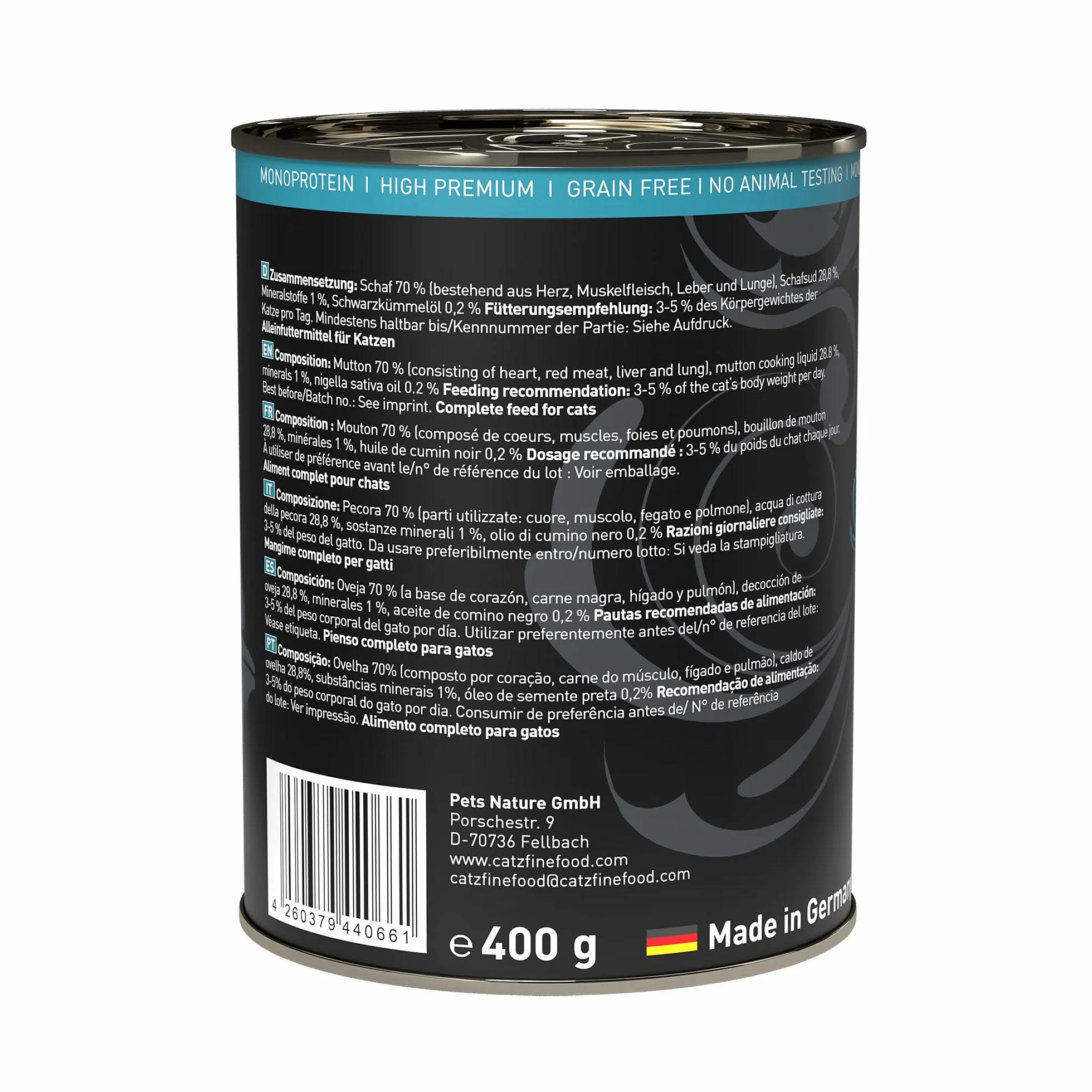 catz finefood Purrrr Monoprotein karma dla kotów mokra nr 113, dla kotów wrażliwych na odżywianie, 70% zawartości mięsa, puszka 6 x 400 g