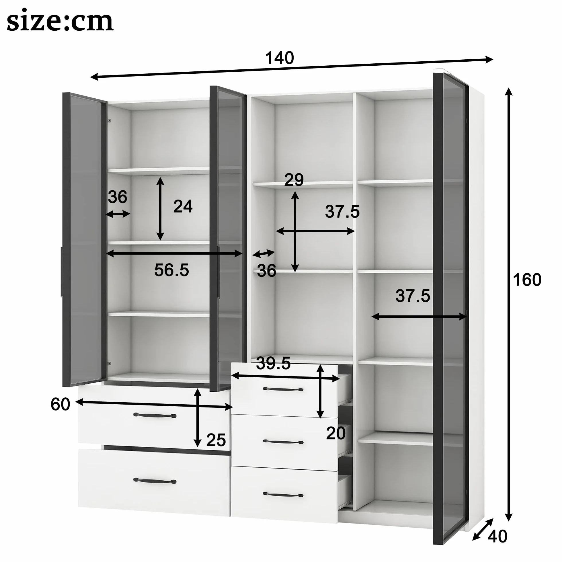 Witryna LED 140 x 40 x 160 cm – regał na książki i szafka wielofunkcyjna ze szklanymi i otwartymi przegródkami, delikatnie zamykające się zawiasy, wielokolorowe oświetlenie LED, pyłoszczelna szklana