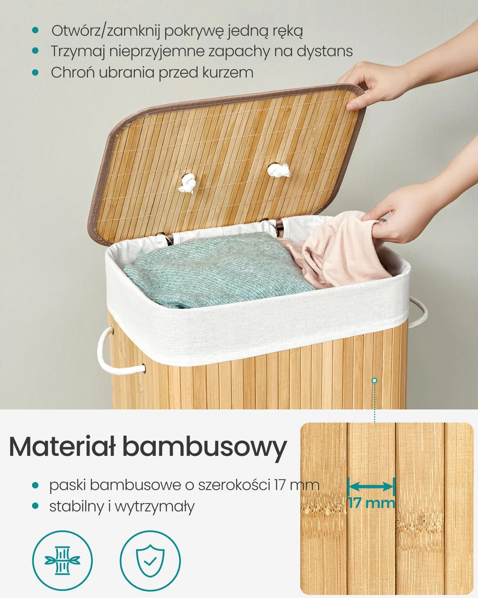 SONGMICS Bambusowy kosz na pranie, składany pojemnik na pranie z pokrywą i zdejmowanym bawełnianym workiem, 72 L, 40 x 30 x 60 cm, Naturalny LCB10Y