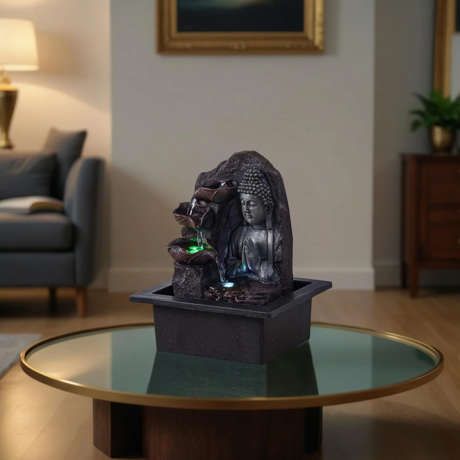 Fontanna wewnętrzna Wodospad Budda Lotos Kolorowe światło LED, dekoracja wnętrz Feng Shui, pomysł na prezent Zen Mind, z dostarczoną cichą pompą, duchowość Zen'Light, 21 x 21 x 26 cm