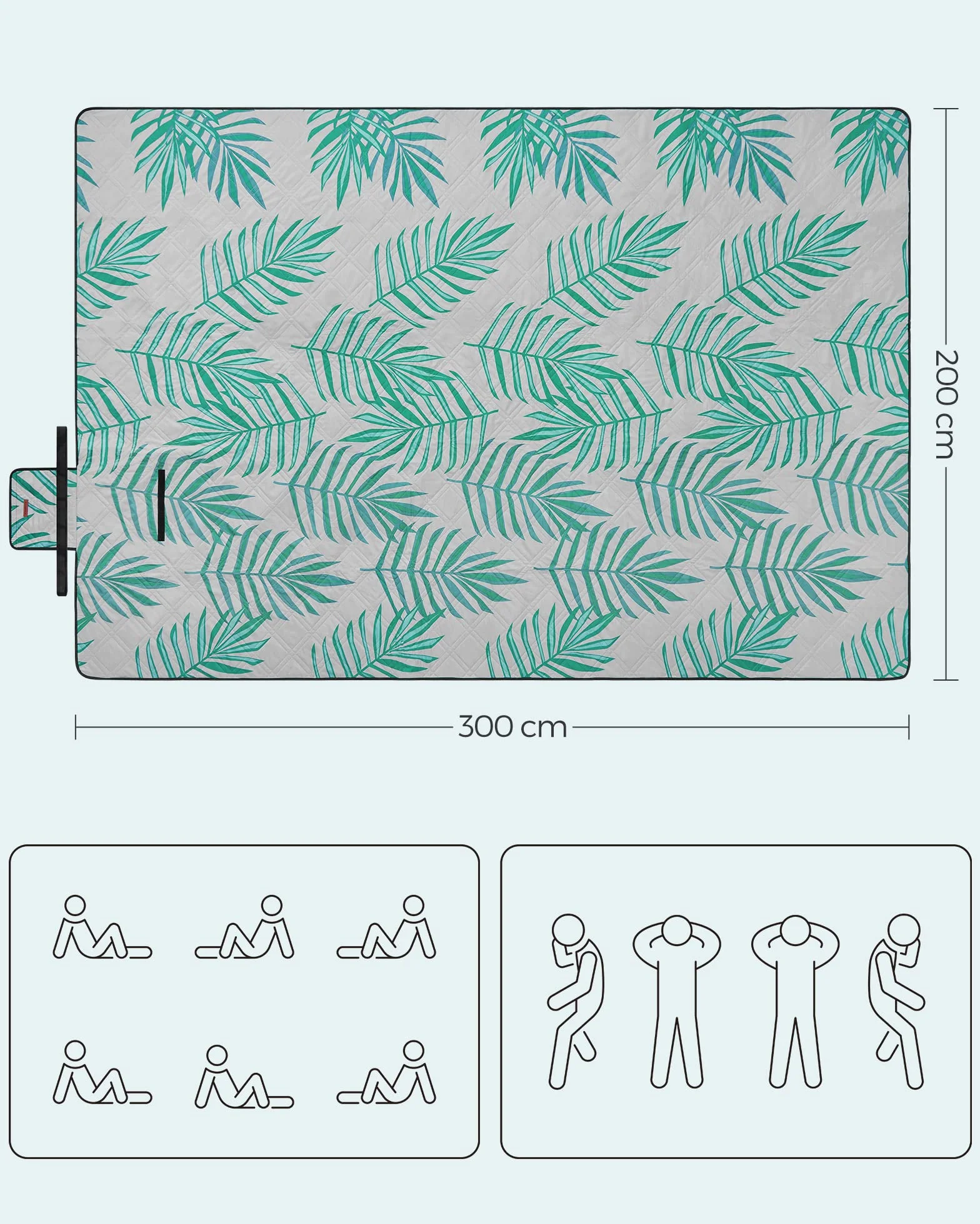 SONGMICS Koc piknikowy, 300 x 200 cm, duży, koc kempingowy, do parku, ogrodu, na plażę, wodoodporny, można prać w pralce, składany, szary z tropikalną paprocią GCM100G02