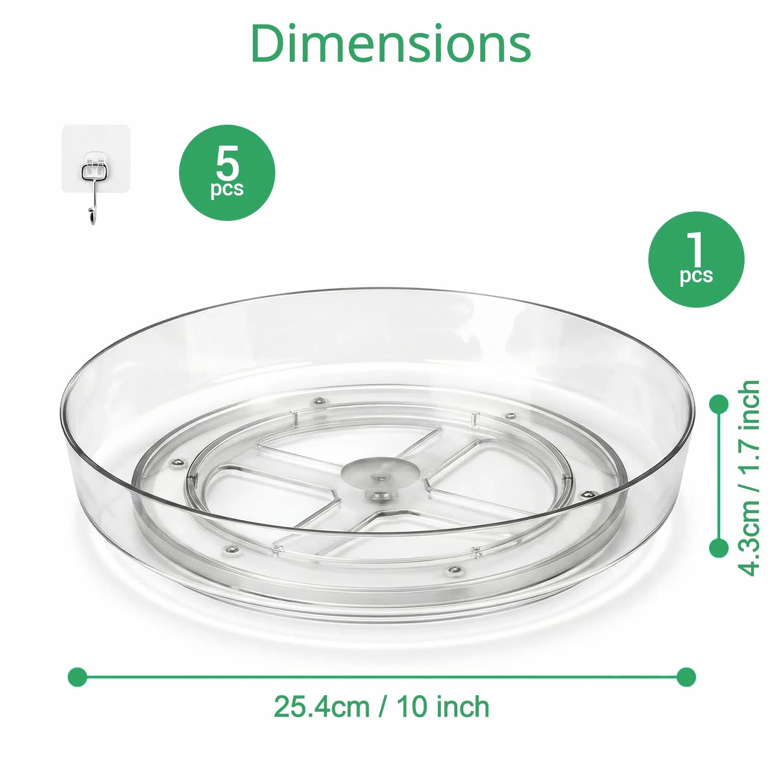 Lazy Susan organizer na talerz obrotowy, 25,4 cm, 1 sztuka, talerz obrotowy 360°, z 5 samoprzylepnymi haczykami, przezroczysty talerz obrotowy do toaletki, przypraw, łazienki