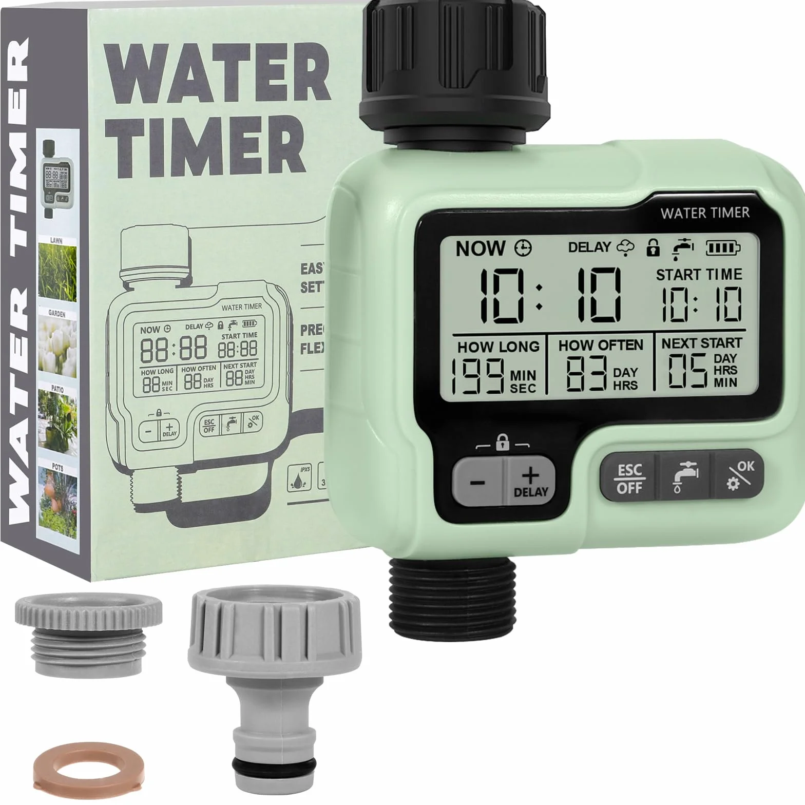 Automatyczny regulator nawadniania, timer nawadniania ogrodu z wyświetlaczem LCD, kran, timer podłączania, tryb zabezpieczenia przed dziećmi, opóźnione nawadnianie po deszczu, wodoszczelność