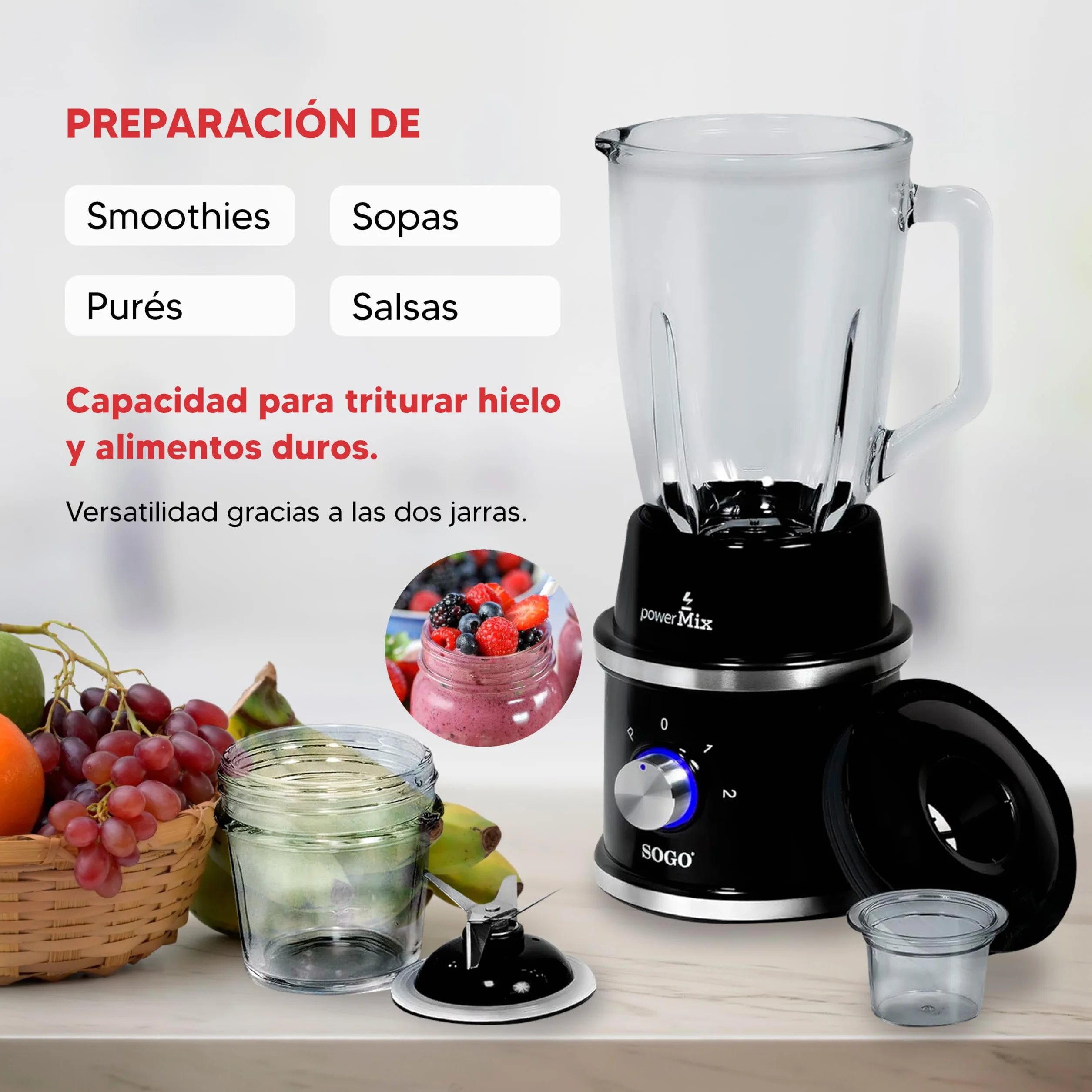Sogo Blender stołowy, blender do soków, smoothies - maszyna do smoothies maker, rozdrabniacz do żywności ze szklanymi dzbankami 1,5 i 0,3 litra, 2 ostrza, 1300 W, czarny (SS-5545)