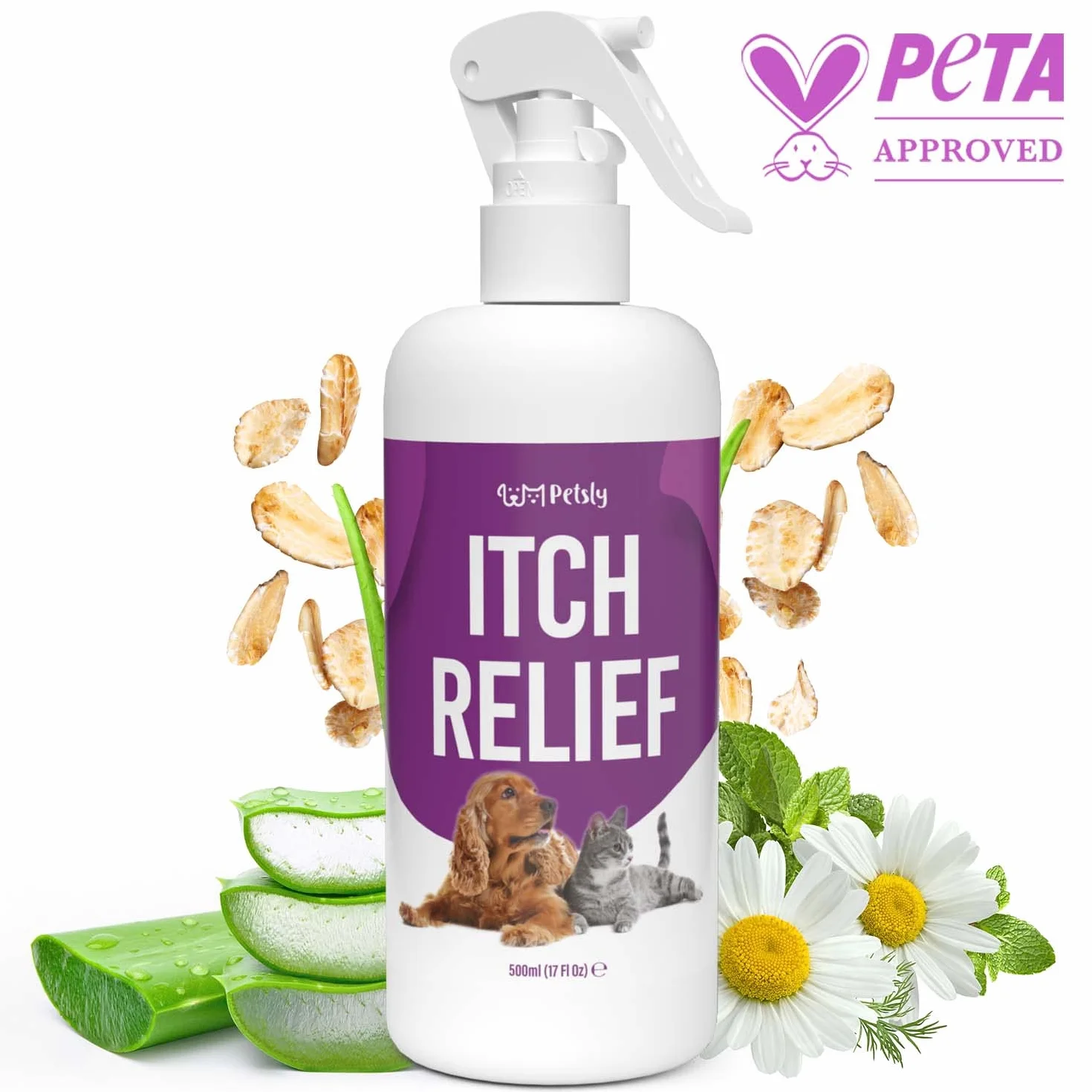 Petsly Anti Itch Spray pielęgnacyjny dla psów i kotów na swędzącą skórę zwierząt - odżywczy aloes jako środek przeciw swędzeniu u kotów, łagodzi swędzenie u psów, spray dla kotów + psów [500ml].