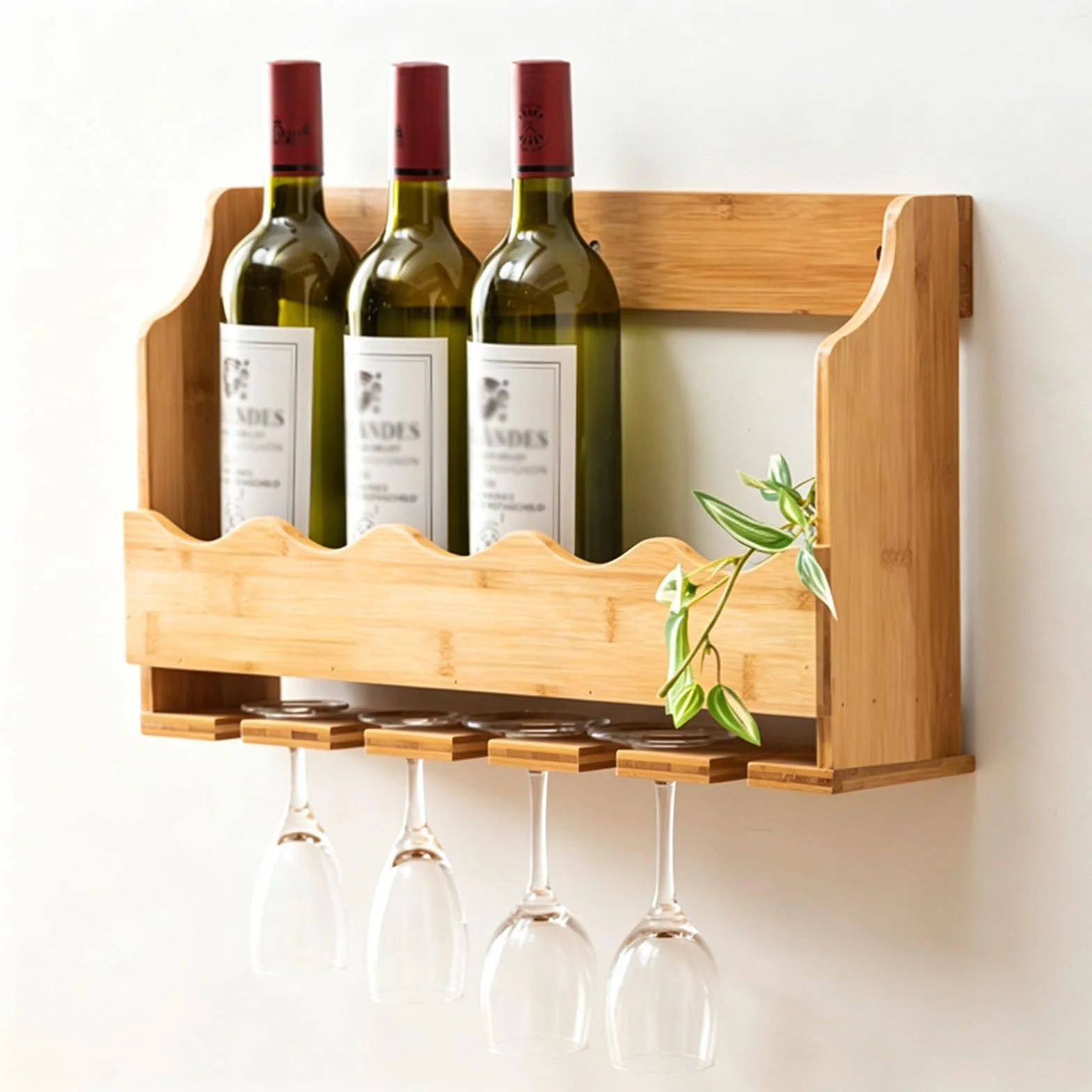 Ścienny Stojak na Wino z Bambusa, Wieszak na Kieliszki Winne | Ścienny Stojak Bambusowy, Zabezpieczenie Przed Upadkiem, Wieszaki na Kieliszki, Komplet Osprzętu(Wood color)