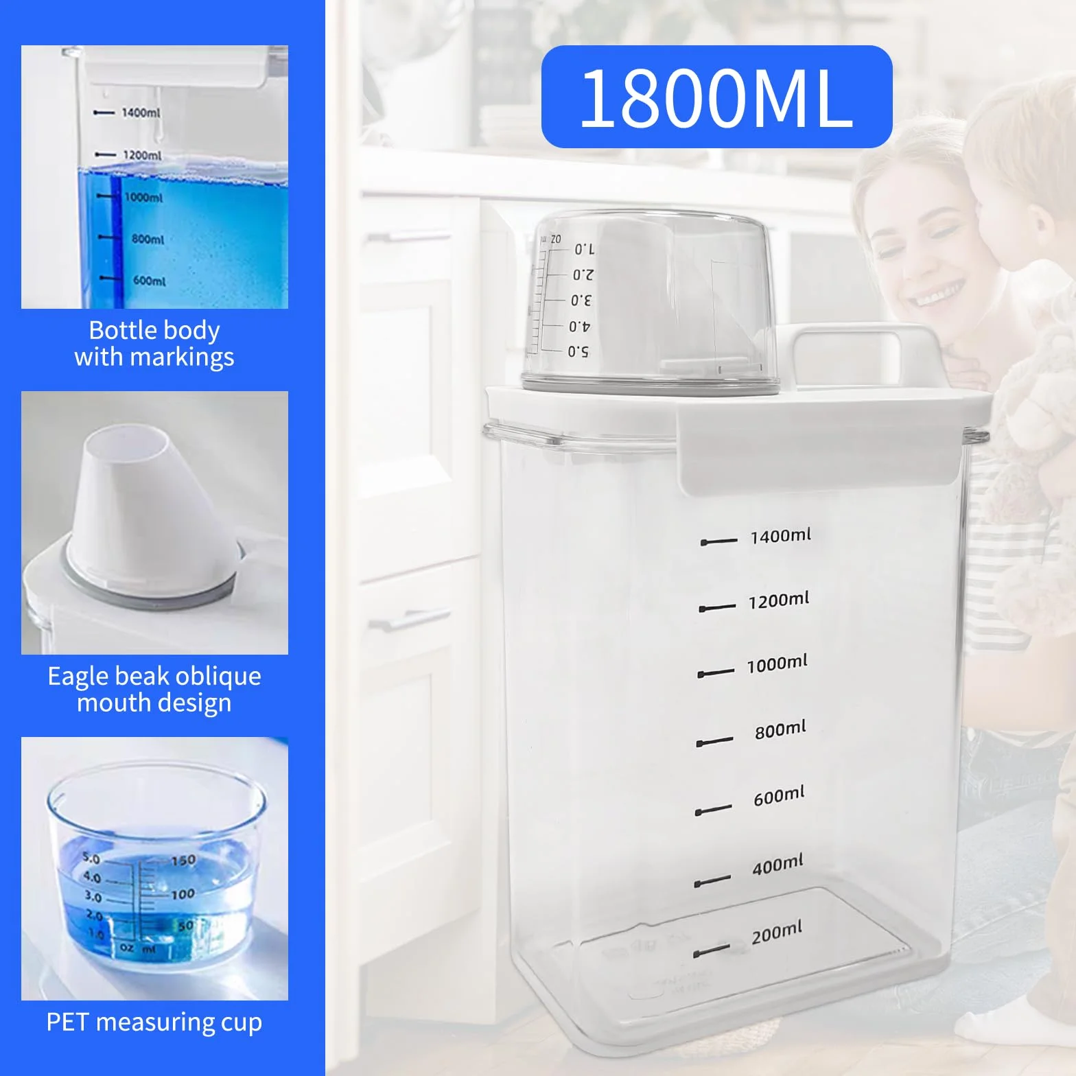 Hermetyczny dozownik detergentu z miarką – 1800 ml pojemnik na proszek do prania, wielofunkcyjny pojemnik na detergent, hermetyczne pudełko na środki piorące, karma dla zwierząt i żywność