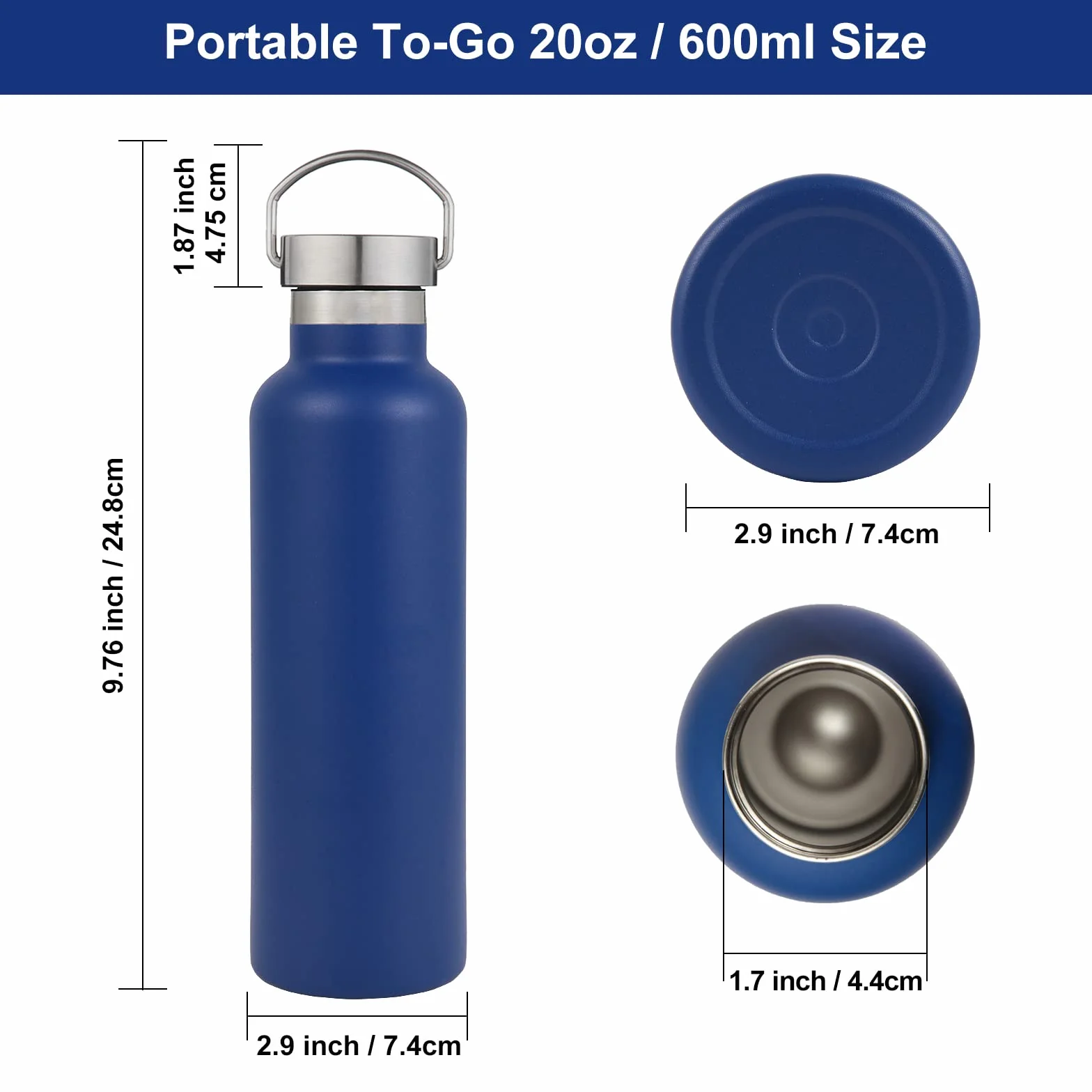 Volhoply Butelka 600 ml, stal nierdzewna, z podwójnymi ściankami, izolowana próżniowo, dla dzieci, metalowa, szczelna, na wodę, do uprawiania sportu, szkoły, na zewnątrz (morska)
