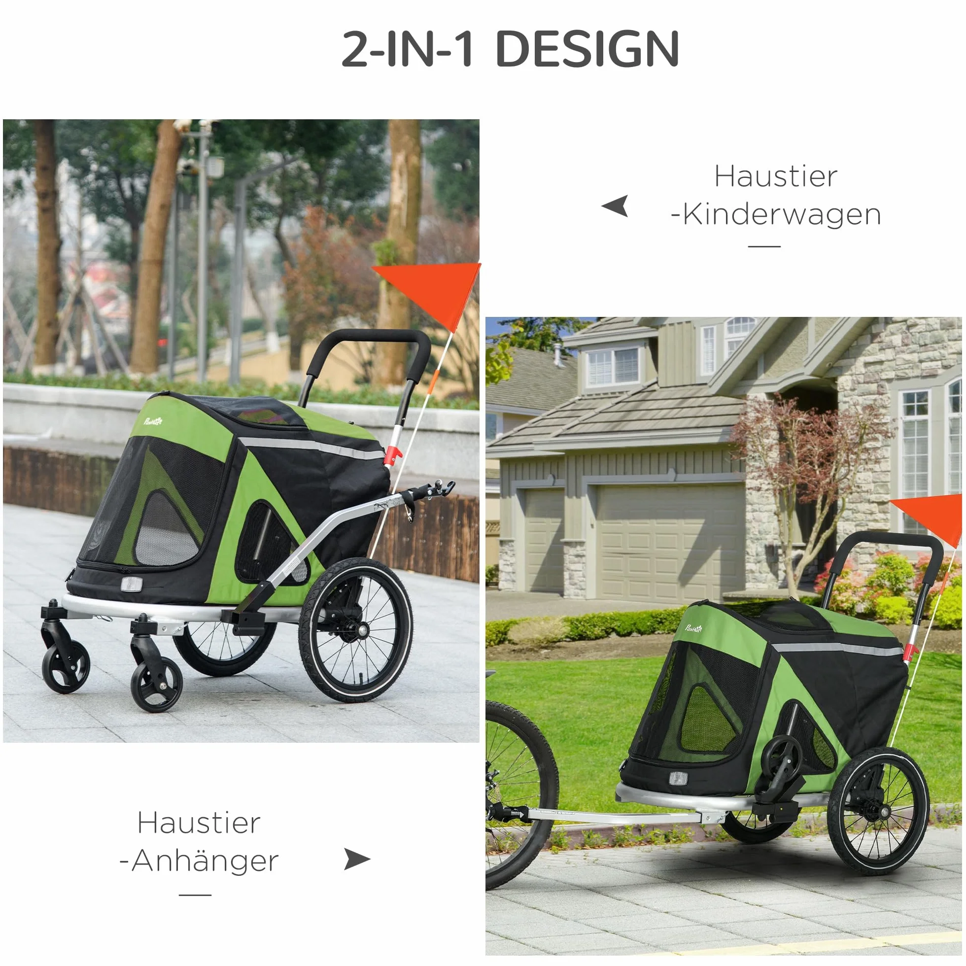 PawHut 2 w 1 przyczepa dla psów buggy, przyczepka rowerowa dla psów, wózek dla psów z odblaskami, do 20 kg, tkanina Oxford, zielona