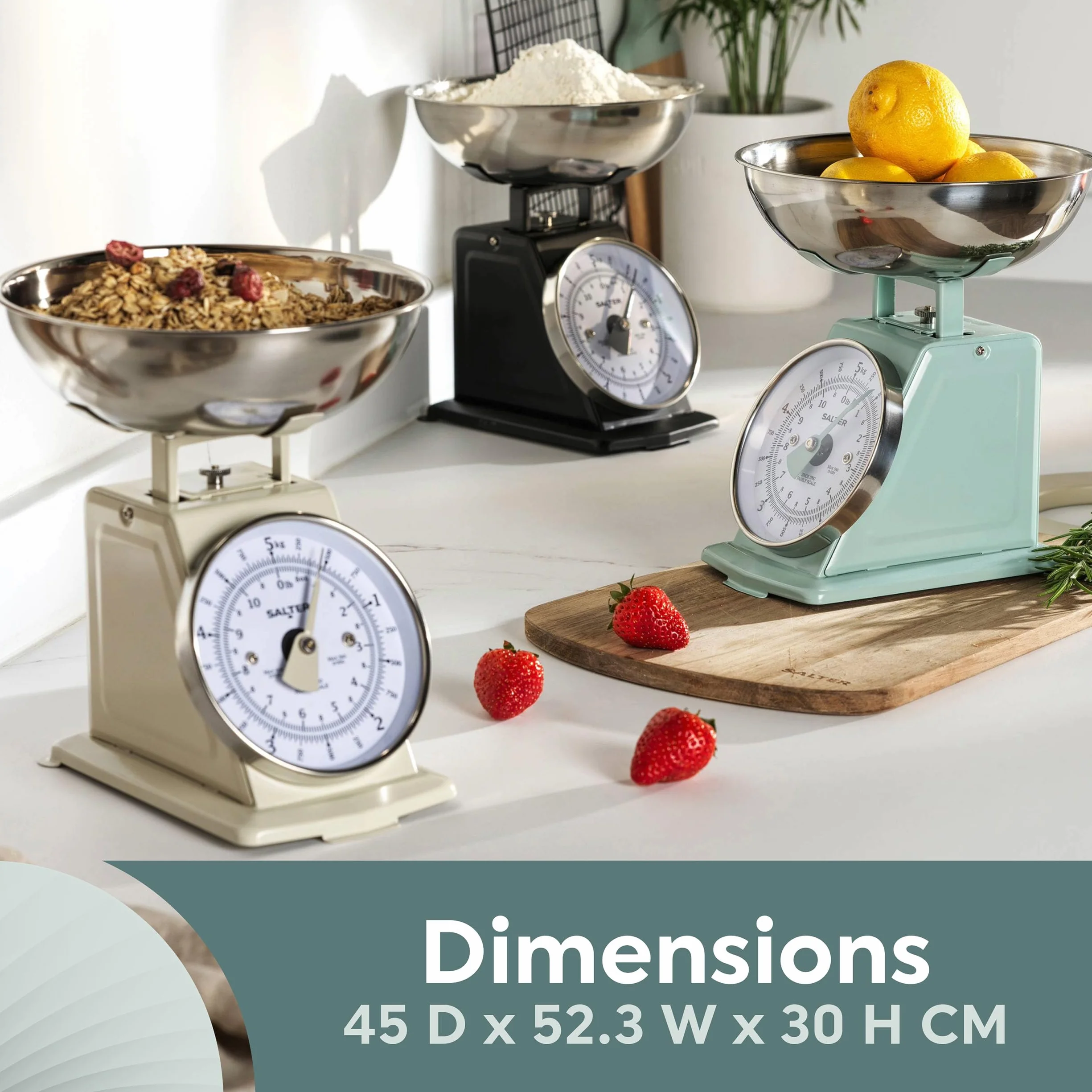Salter SA00562CFEU12 Ponadczasowa mechaniczna waga kuchenna – pojemnosc 5 kg, miska nadajaca sie do mycia w zmywarce o pojemnosci 1 litra, skala do pieczenia, klasyczny design, duza tarcza cyfrowa