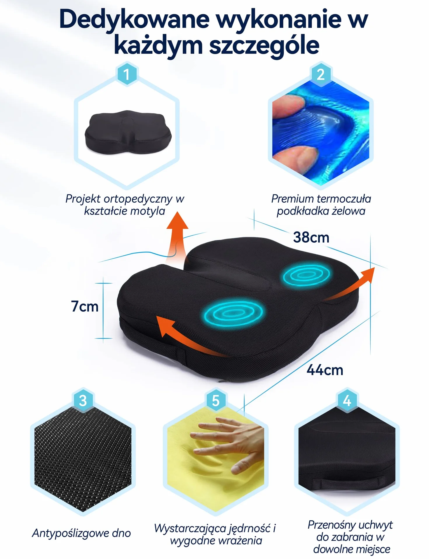 Travel Ease Ergonomiczna Poduszka na Siedzenie, Premia Podkładka z Pianki Żelowej z Pamięcią, Komfort przy Długim Siedzeniu, Podpórka Biodrowa do Krzesła Biurowego, Fotela Samochodowego (Czarny)