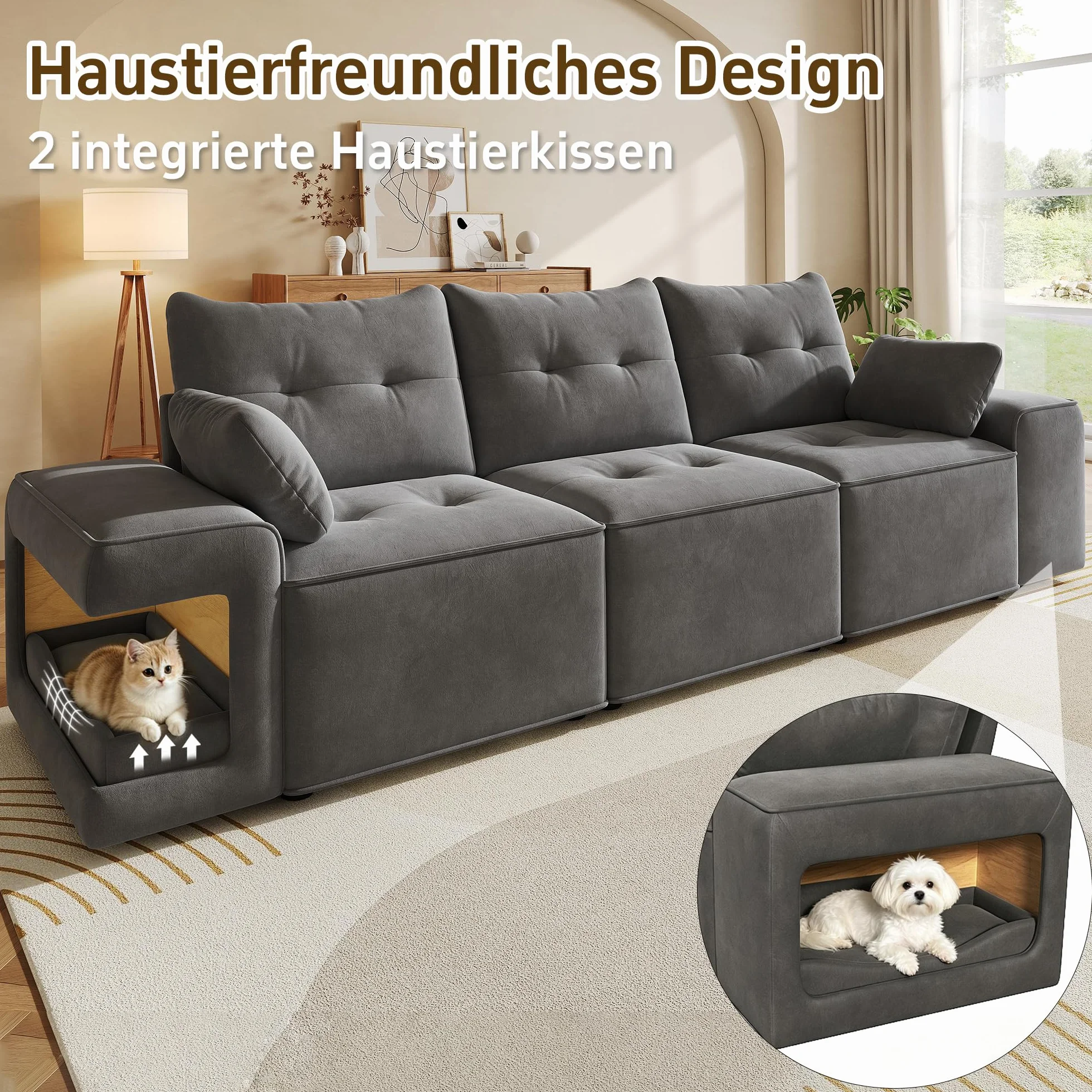 Nowoczesna 3-osobowa sofa, modułowa sofa Cloud z szerokimi podłokietnikami, miejscem do przechowywania, wyściełanym obszarem dla zwierząt domowych, w zestawie 2 poduszki, szara