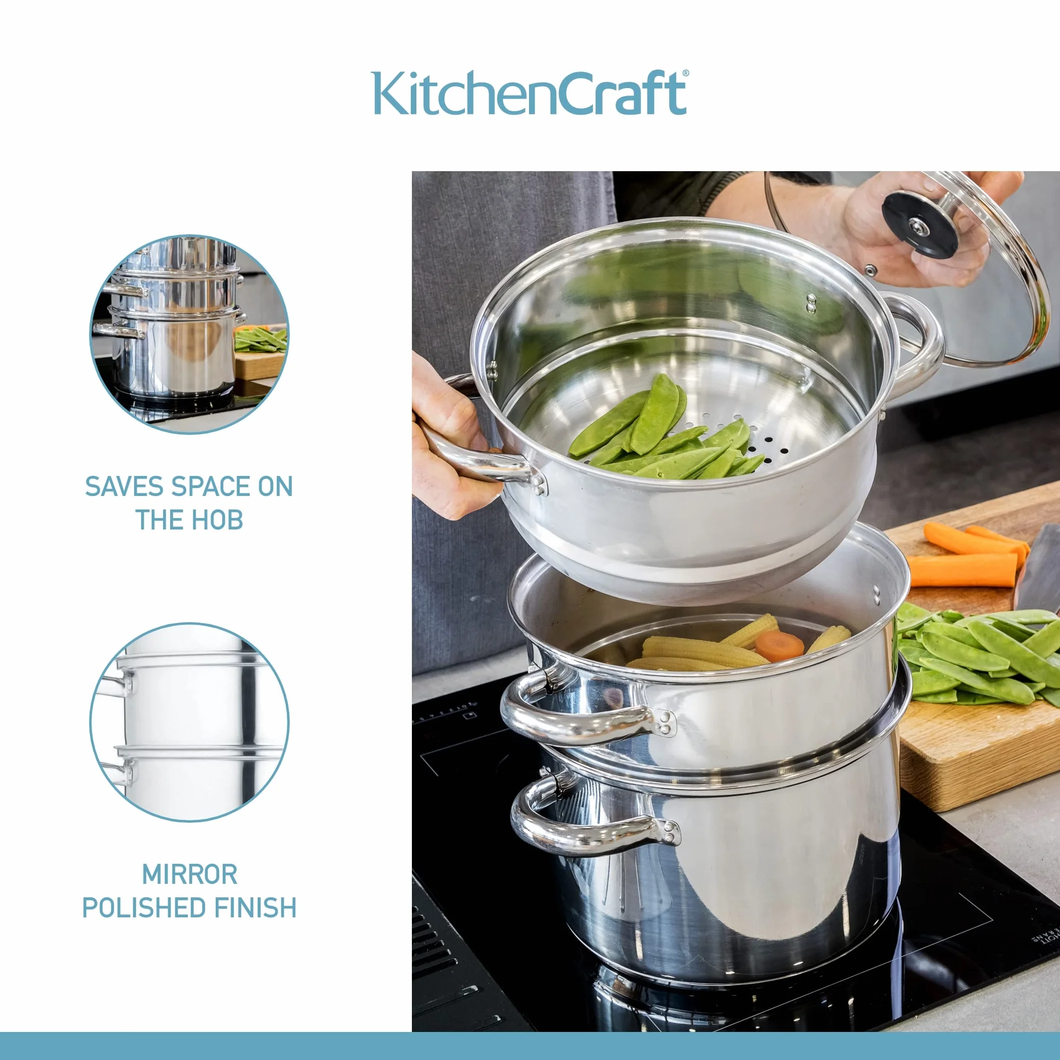 KitchenCraft Zestaw 3 garnków, parowar/garnek do zupy, 3-stopniowy, z zabezpieczeniem indukcyjnym, stal nierdzewna, w pudełku prezentowym, 22 cm (9"), srebrny