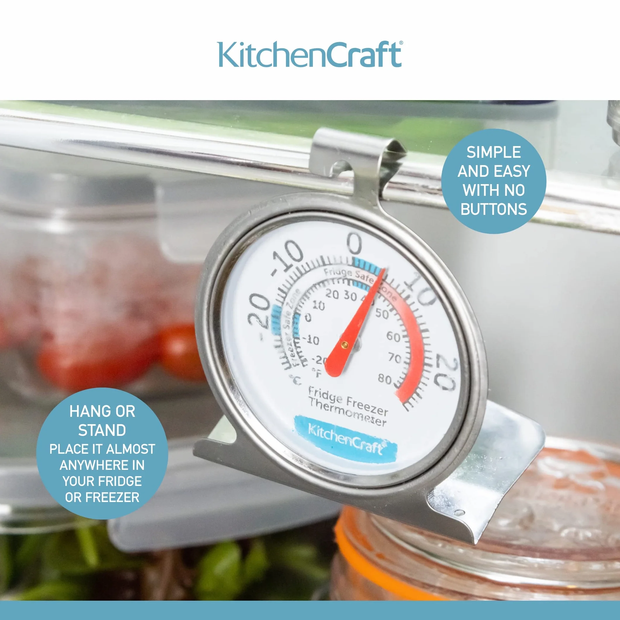 KitchenCraft Termometr do lodówki i zamrażarki z minimalnym przewodnikiem temperatury, przezroczysta tarcza, stal nierdzewna, srebrny