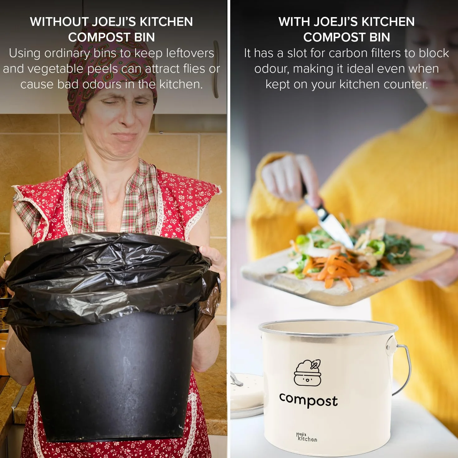 Joeji's Kitchen Kompostownik 3,5l, kompaktowy kompost kuchenny z filtrami węglowymi, stal ocynkowana, bezwonne rozwiązanie do recyklingu żywności, idealne do odpadów spożywczych