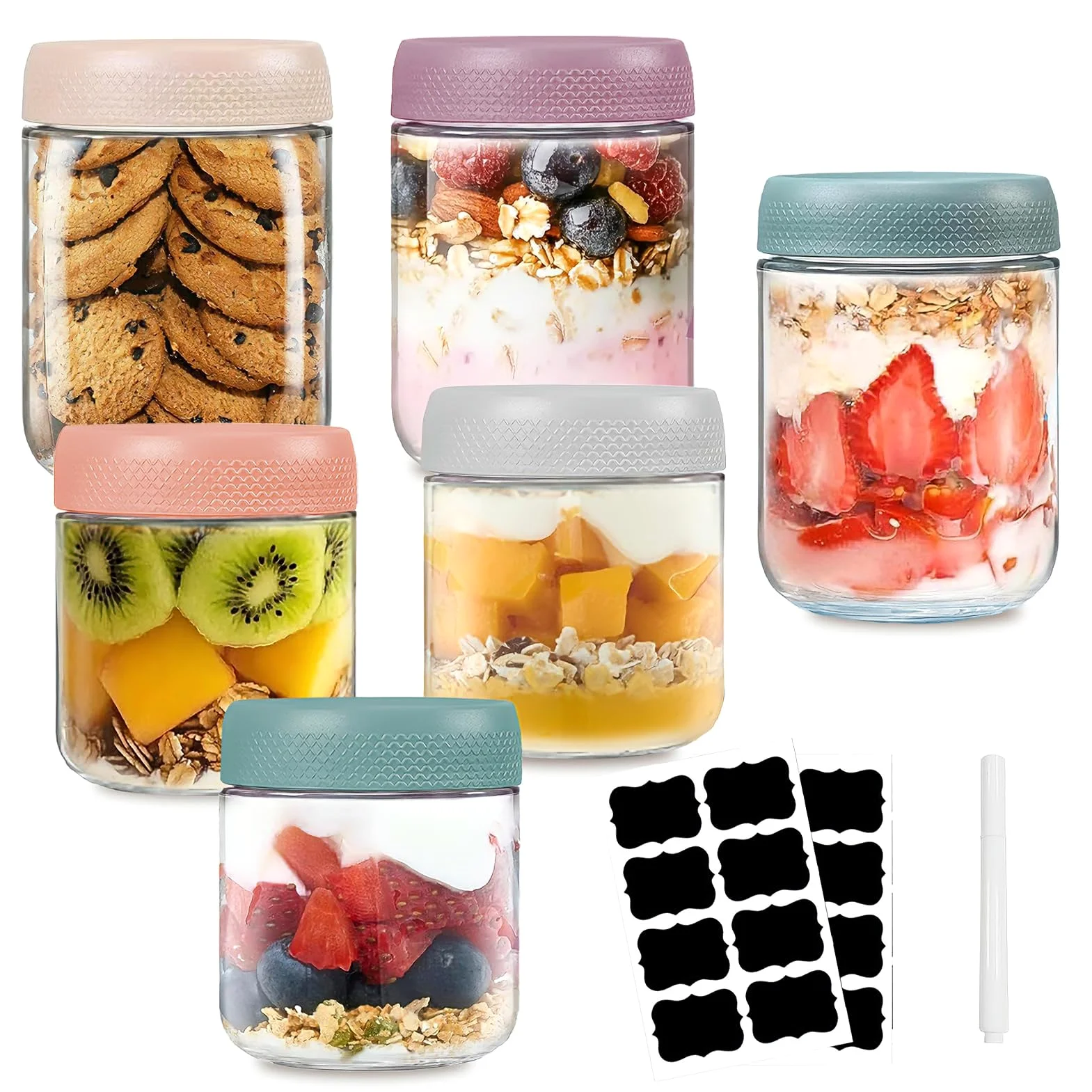 6 Sztuk Słoików na Overnight Oats, Słoiki z Zakręcanymi Wieczkami (300ml + 500ml), Słoiki do Meal Prep Nieprzepuszczające do Przechowywania Sałatek, Chutney, Jogurtu, Budyniu, Dżemu, Müsli