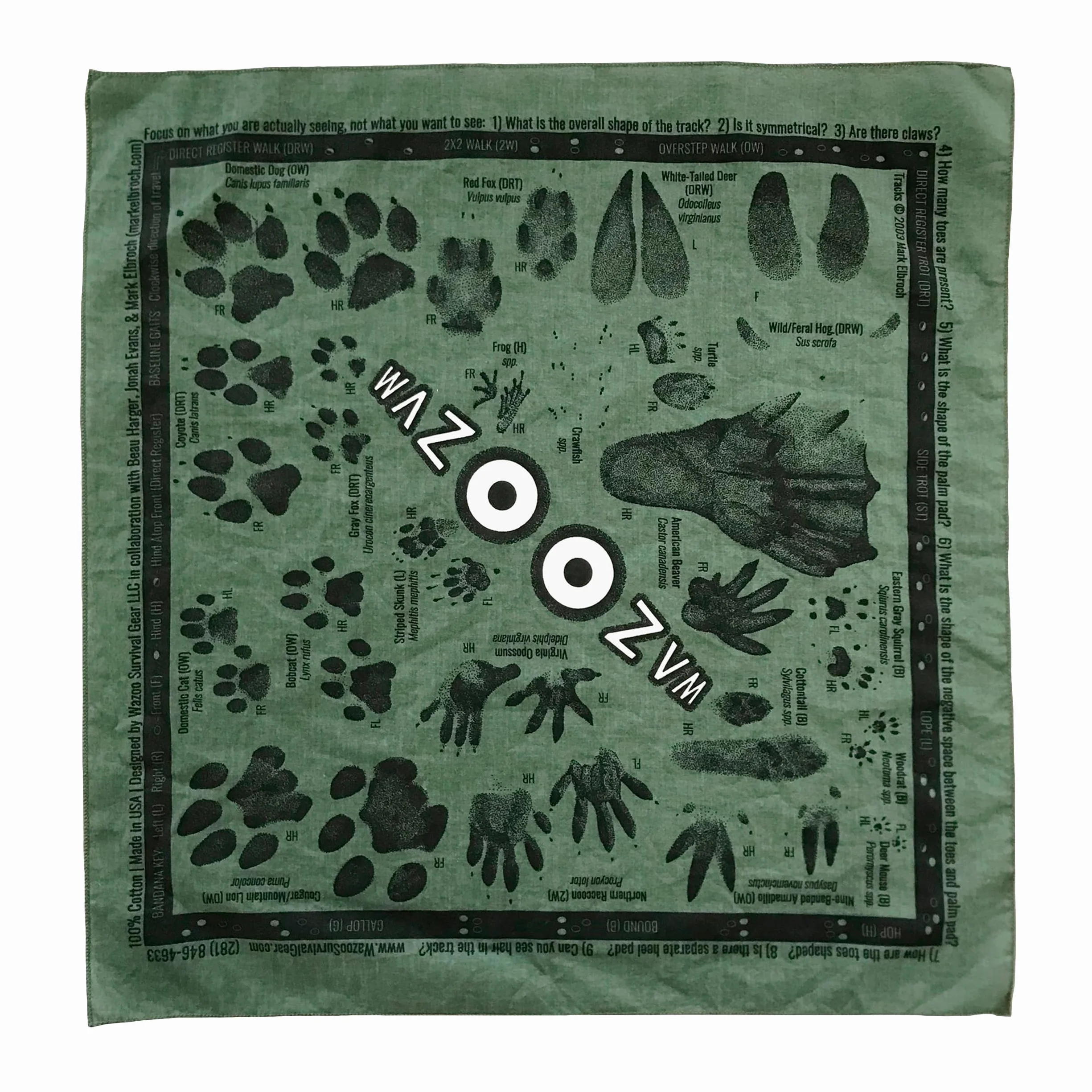 Bandana do monitorowania zwierząt/szalik/chusteczka/maska na twarz | 21 popularnych ścieżek zwierząt z Ameryki Północnej znalezionych w naturze | 100% bawełna | Wyprodukowano w Stanach Zjednoczonych.