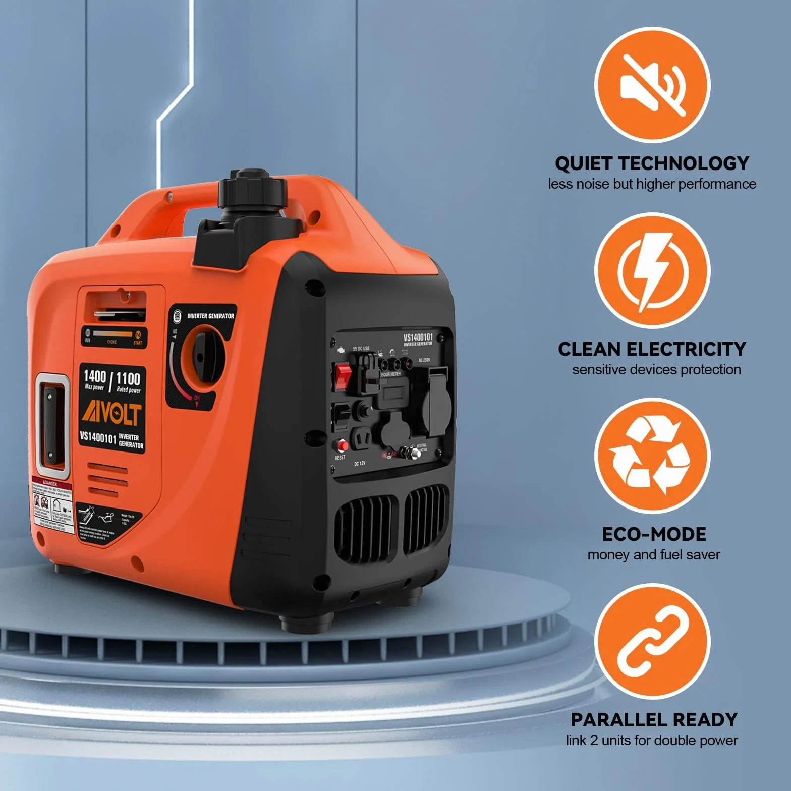 AIVOLT Generator Benzyny 1400W Generator Cichego Falownika z Gniazdami AC 230V/DC 12V/USB Typu A i Zbiornikiem 2,5L Przenośny Lekki Generator na Kemping na świeżym Powietrzu