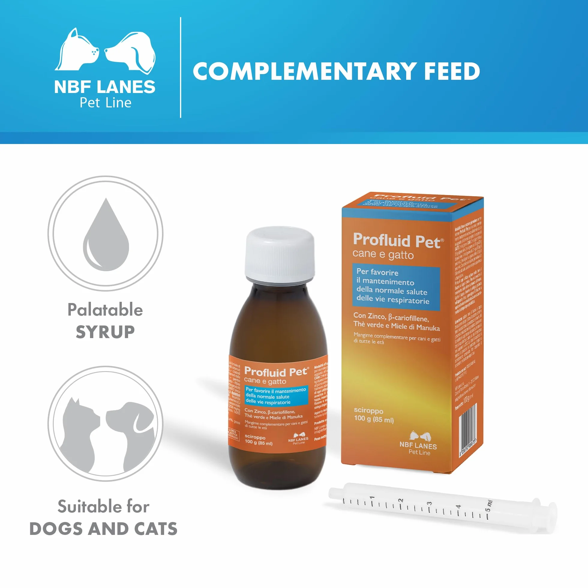 NBF Lanes | Profluid Pet dla psa i kota, smaczny syrop 100 g, wspomaga utrzymanie prawidłowego stanu zdrowia dróg oddechowych