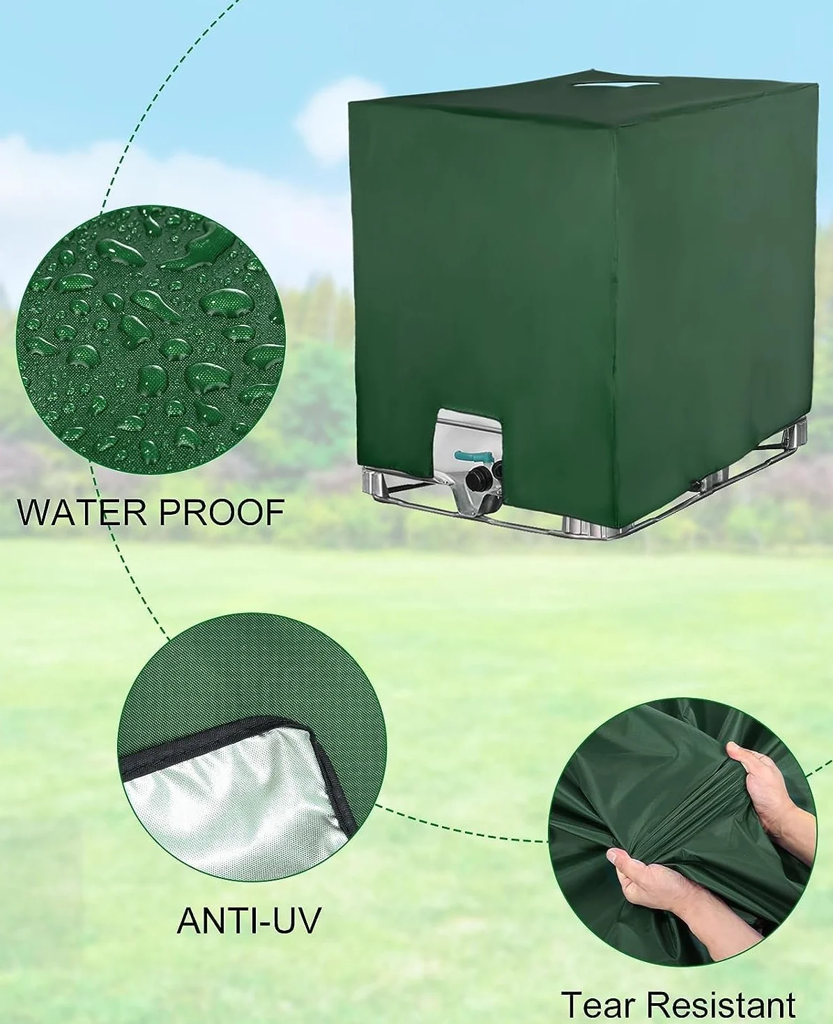 Pokrowiec na zbiornik IBC 1000L, akcesoria do kontenerów IBC, folia ochronna UV na zbiornik na wodę, pokrowiec na beczkę na deszczówkę, plandeka ochronna na zbiornik na wodę deszczową, odpowiedni na zbiornik IBC 1000L (120 x 100 x 116 cm zielony)